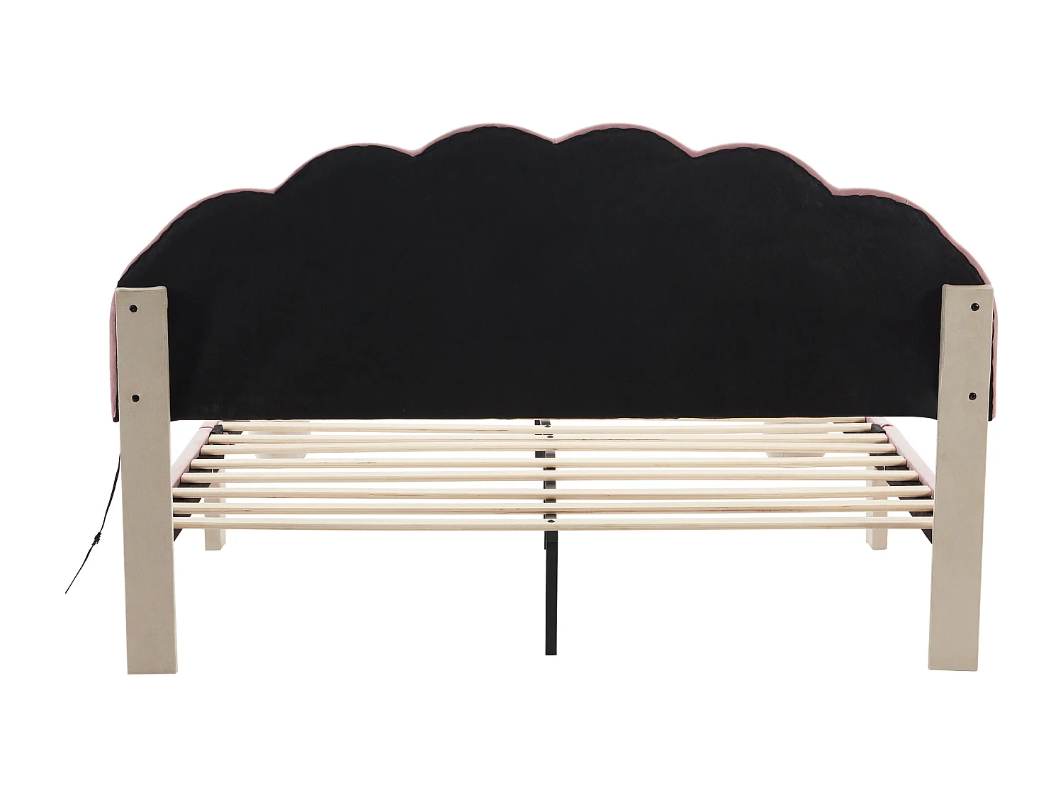 Lit enfant rembourré 140x200cm avec LED et tête de lit festonnée, velours, lit double en velours, beige + rose, sans matelas