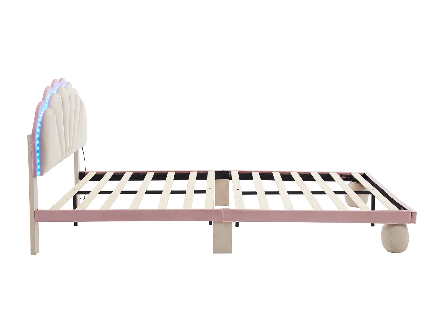 Lit enfant rembourré 140x200cm avec LED et tête de lit festonnée, velours, lit double en velours, beige + rose, sans matelas