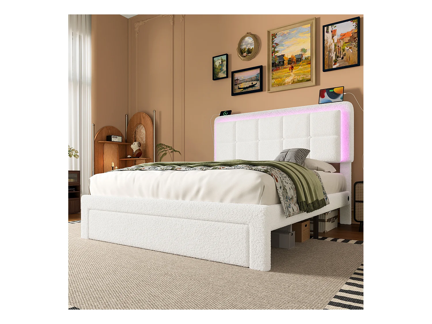 Letto matrimoniale 160x200 cm con porta USB + LED, tessuto teddy, struttura in ferro e legno, testiera regolabile, senza materasso