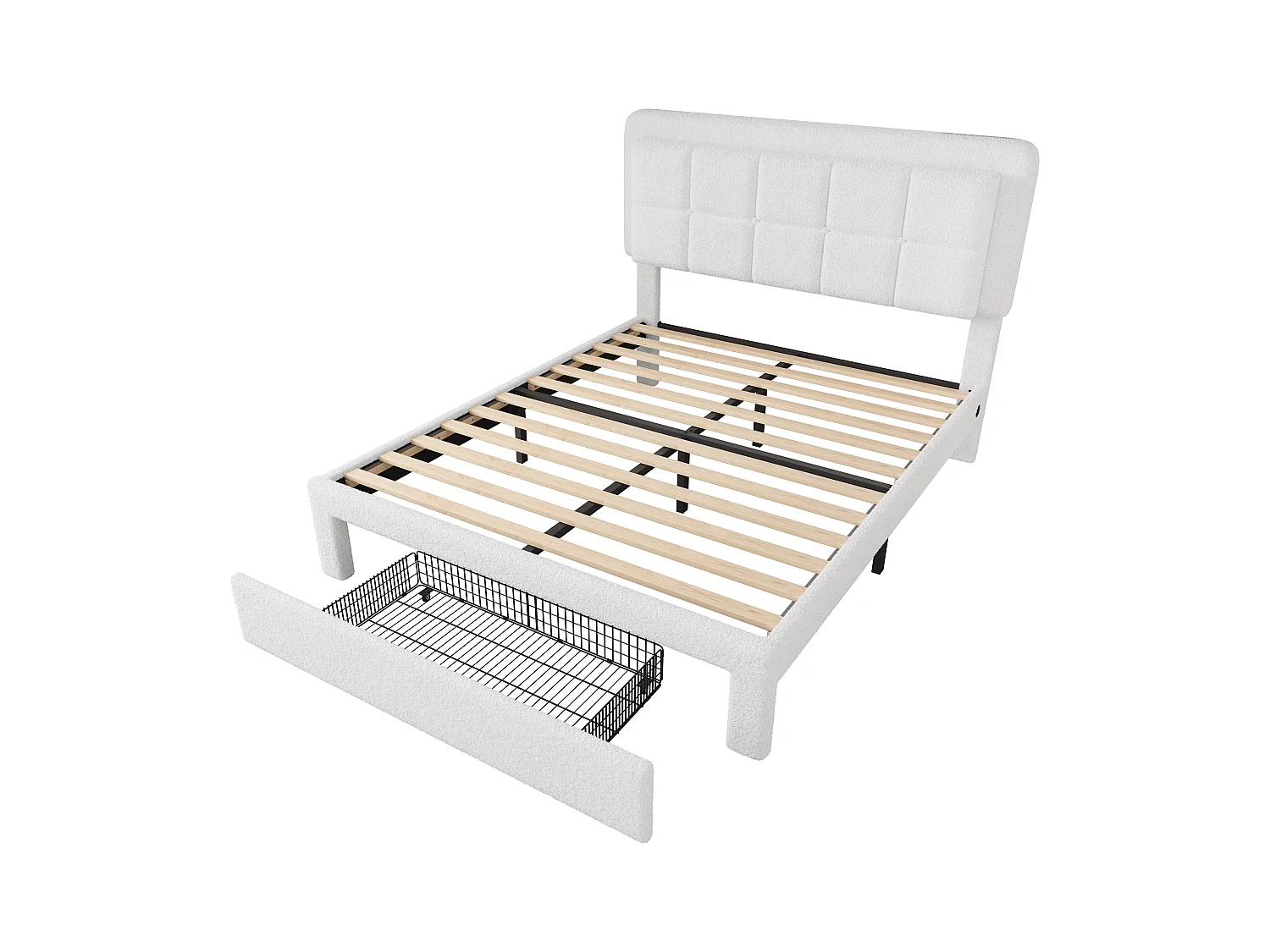 Lit adulte 160x200 cm avec port USB + LED, tissu teddy, cadre en fer et bois, tête de lit réglable, sans matelas