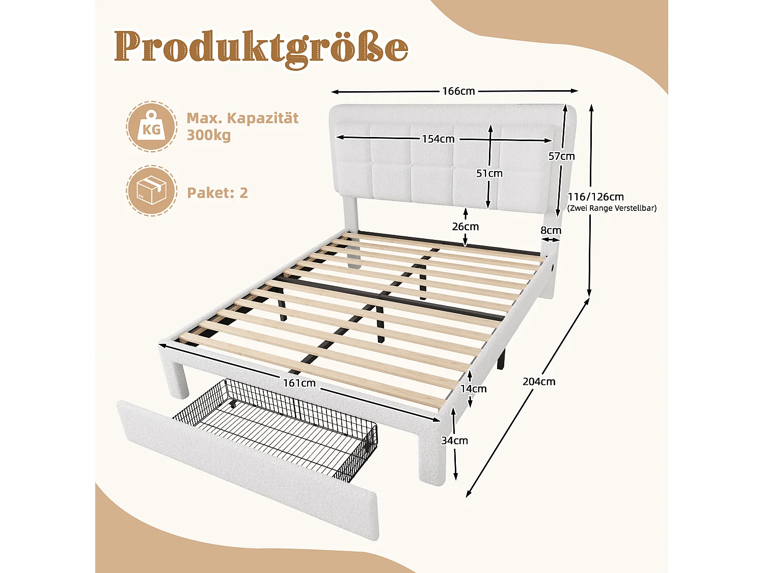 Lit adulte 160x200 cm avec port USB + LED, tissu teddy, cadre en fer et bois, tête de lit réglable, sans matelas