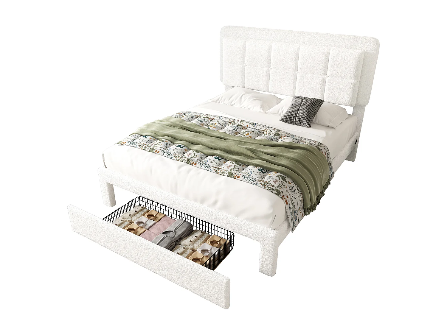 Lit adulte 160x200 cm avec port USB + LED, tissu teddy, cadre en fer et bois, tête de lit réglable, sans matelas