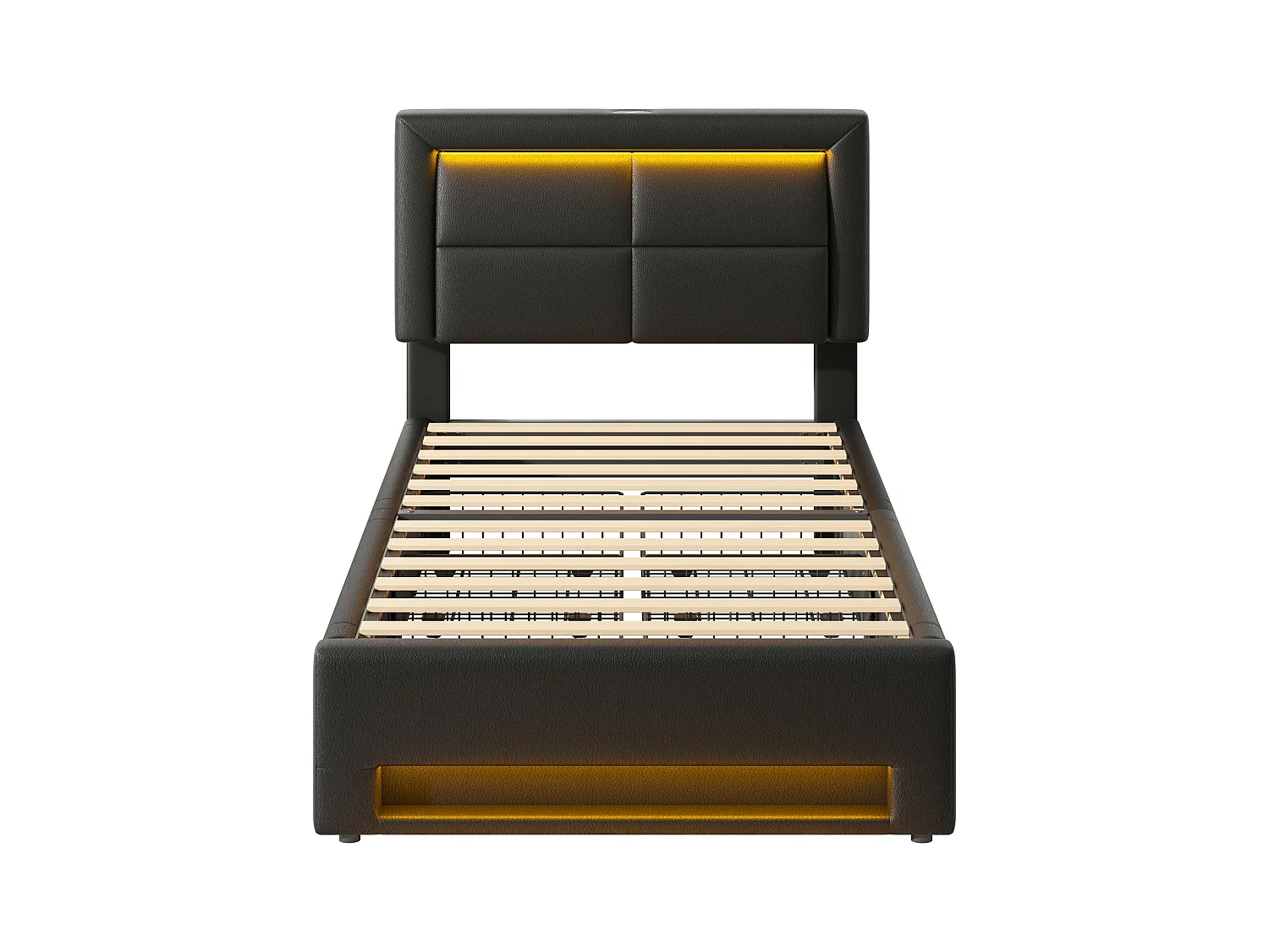 Lit coffre adulte 90x190 cm noir avec LED + 4 tiroirs de rangement, interface USB (sans fil et filaire), sans matelas, PU