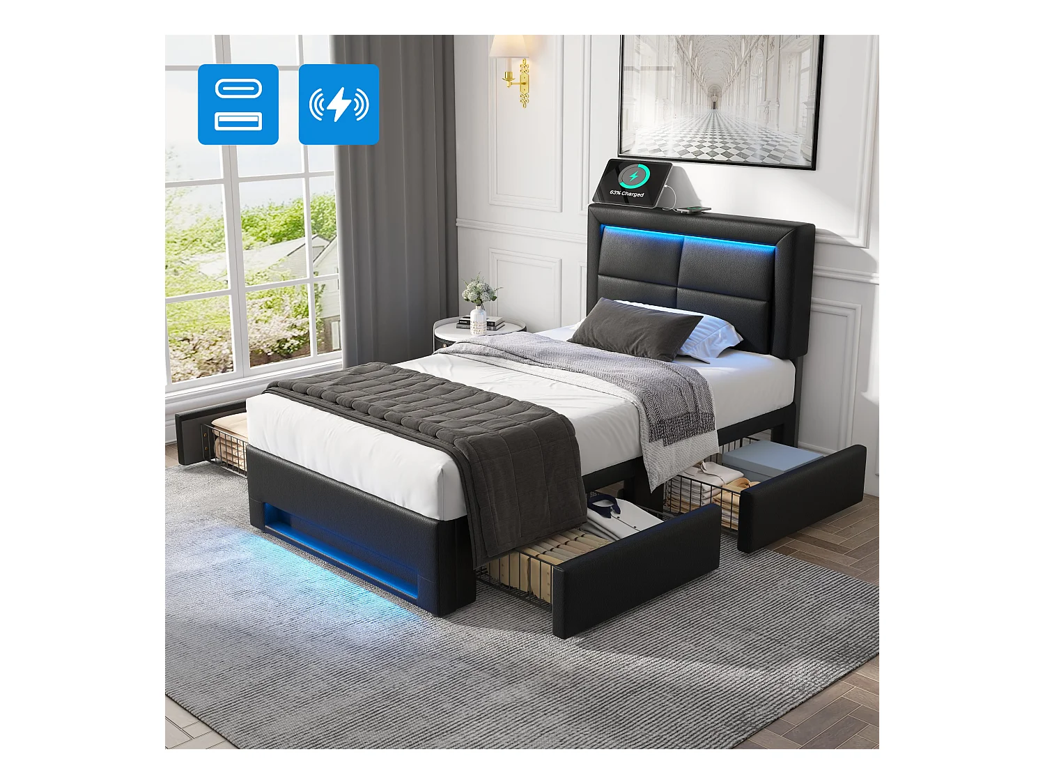 Lit coffre adulte 90x190 cm noir avec LED + 4 tiroirs de rangement, interface USB (sans fil et filaire), sans matelas, PU