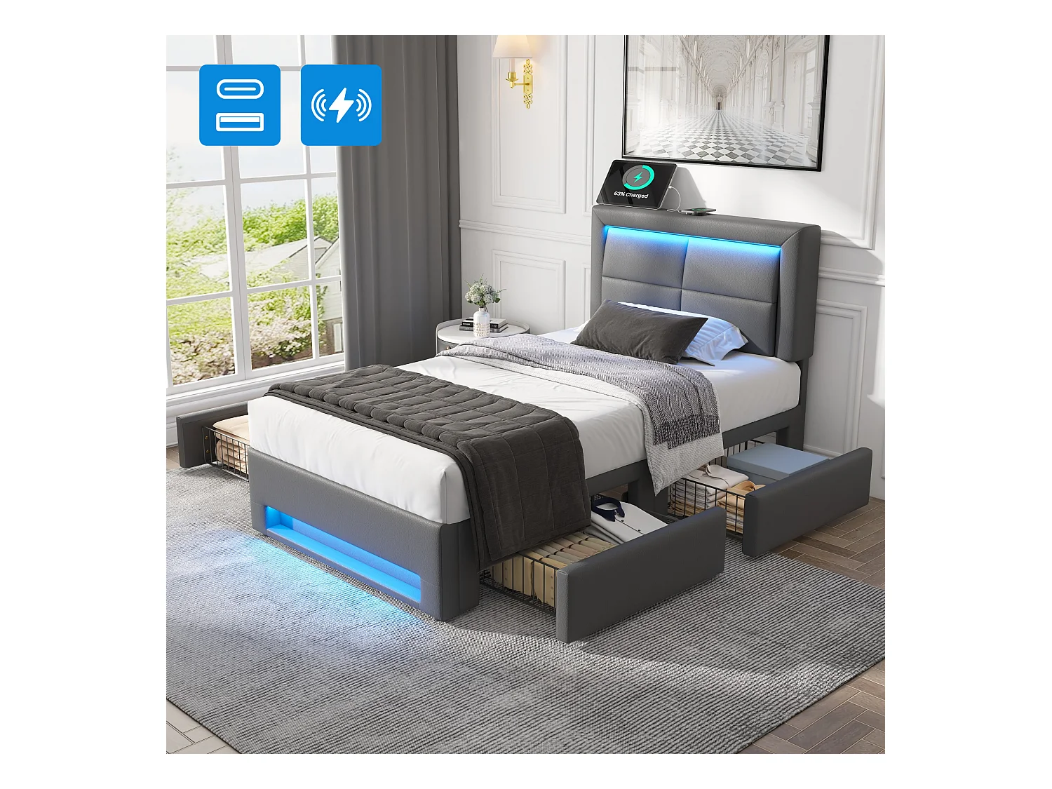 Lit coffre adulte 90x190 cm gris avec LED + 4 tiroirs de rangement, interface USB (sans fil et filaire), sans matelas, PU
