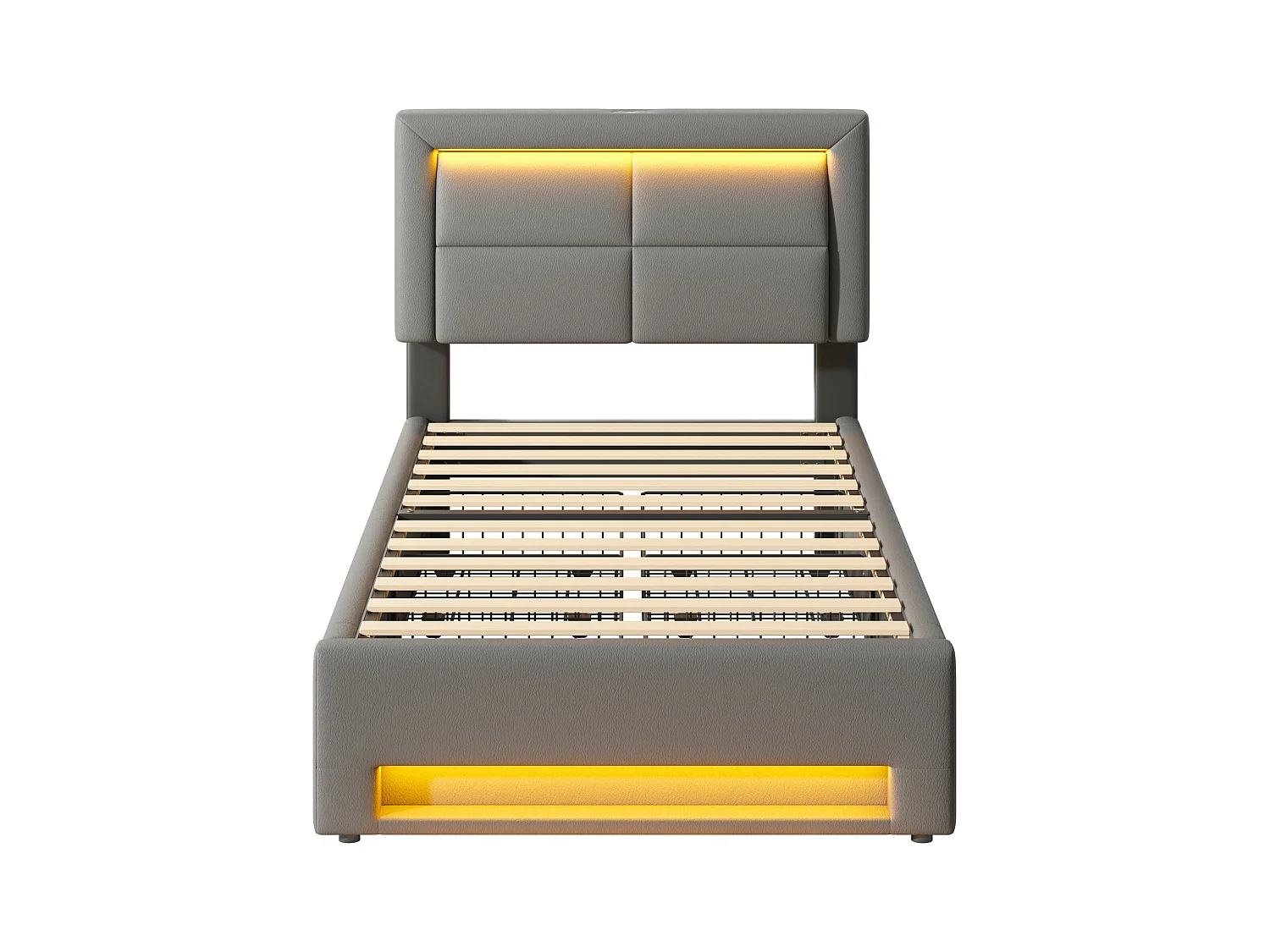 Lit coffre adulte 90x190 cm gris avec LED + 4 tiroirs de rangement, interface USB (sans fil et filaire), sans matelas, PU