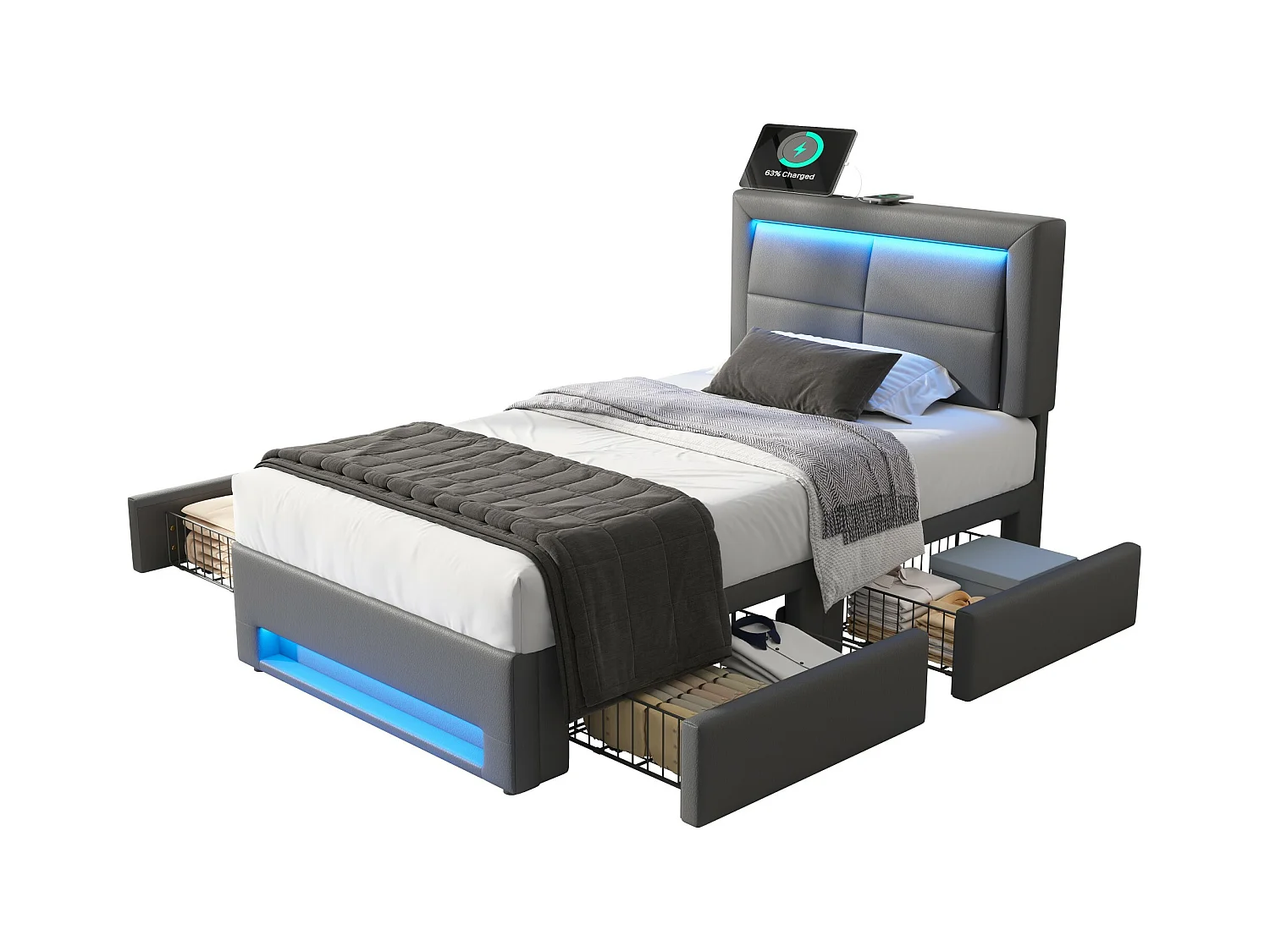 Lit coffre adulte 90x190 cm gris avec LED + 4 tiroirs de rangement, interface USB (sans fil et filaire), sans matelas, PU