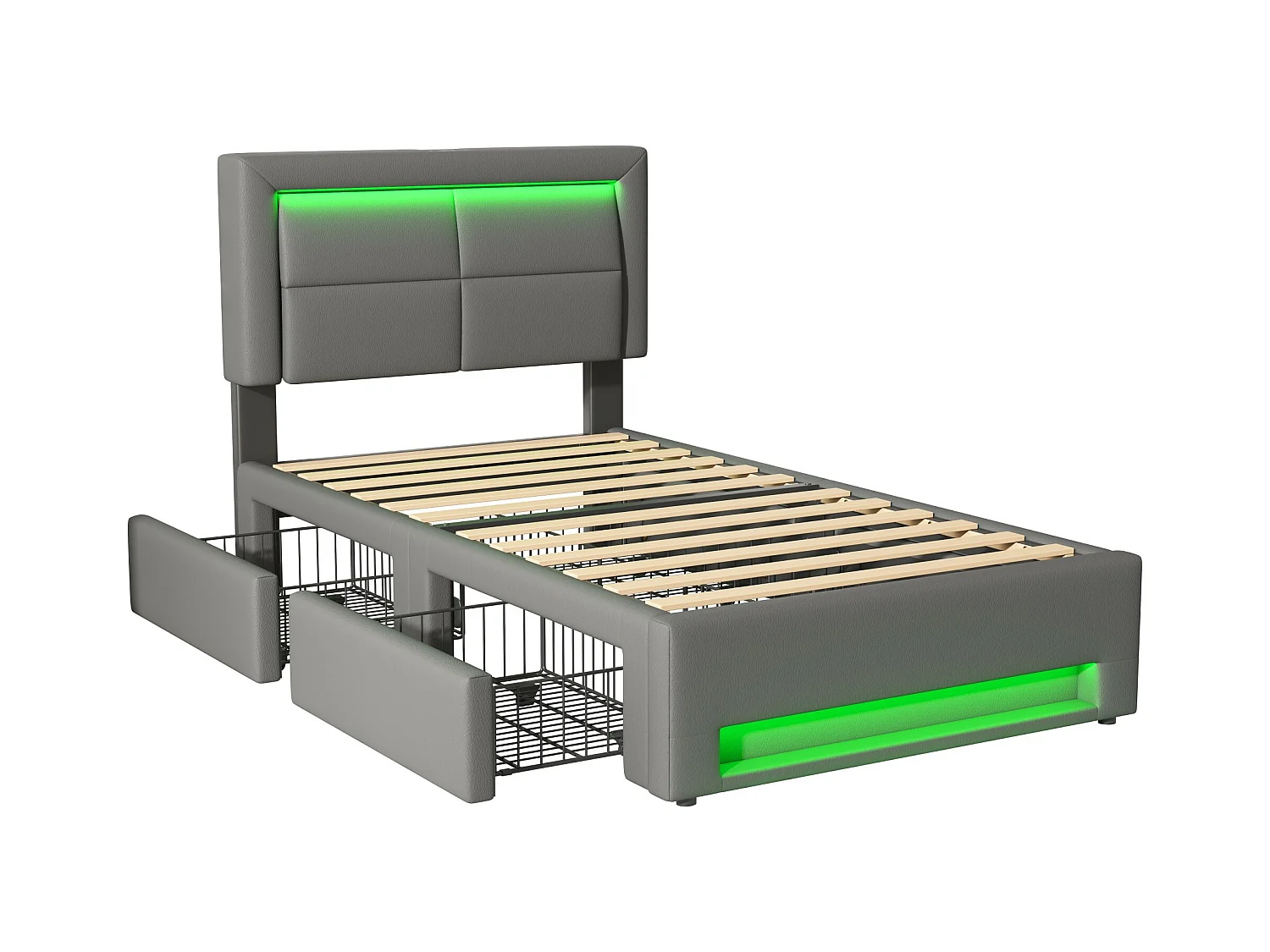Lit coffre adulte 90x190 cm gris avec LED + 4 tiroirs de rangement, interface USB (sans fil et filaire), sans matelas, PU
