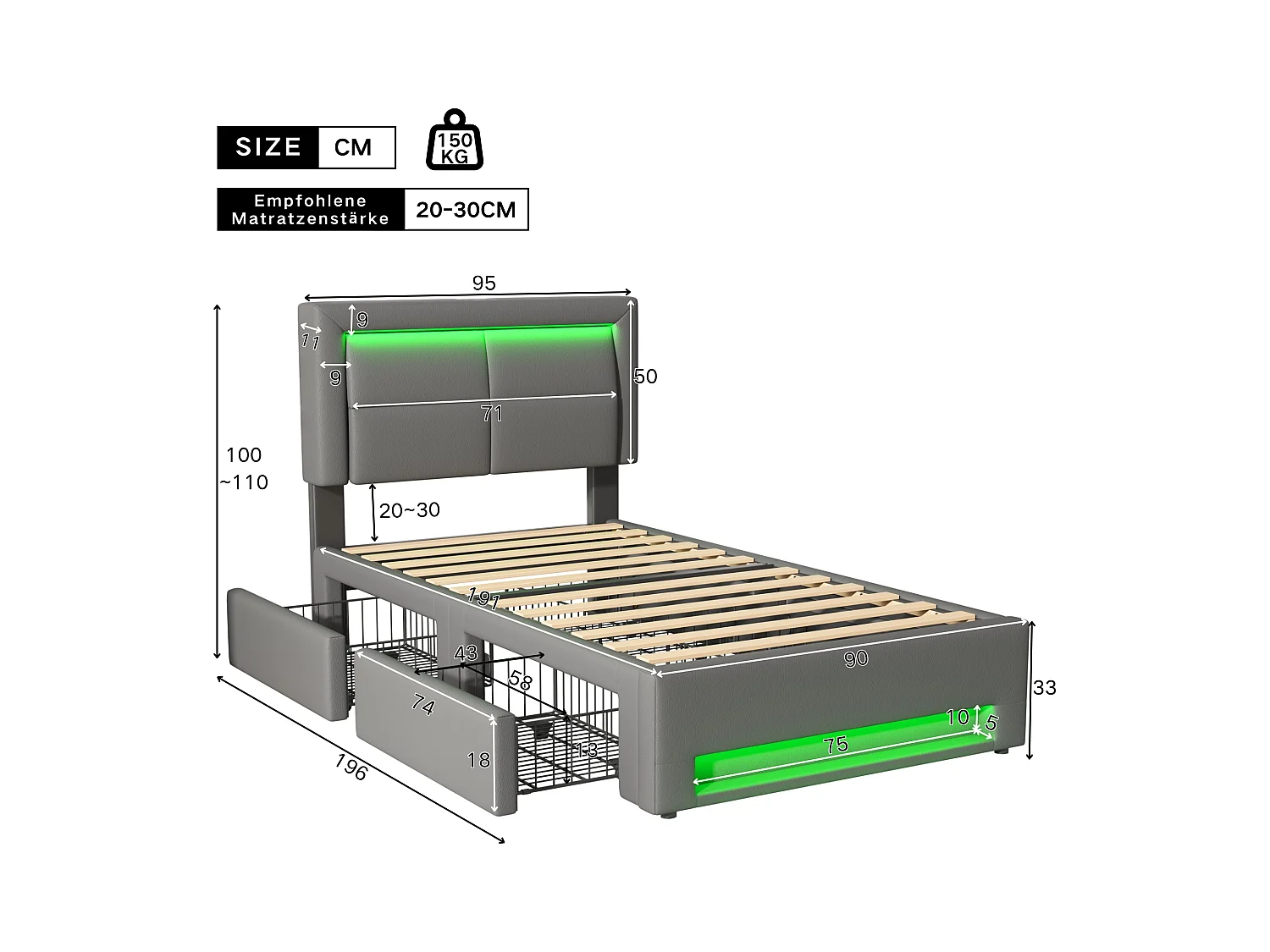 Lit coffre adulte 90x190 cm gris avec LED + 4 tiroirs de rangement, interface USB (sans fil et filaire), sans matelas, PU