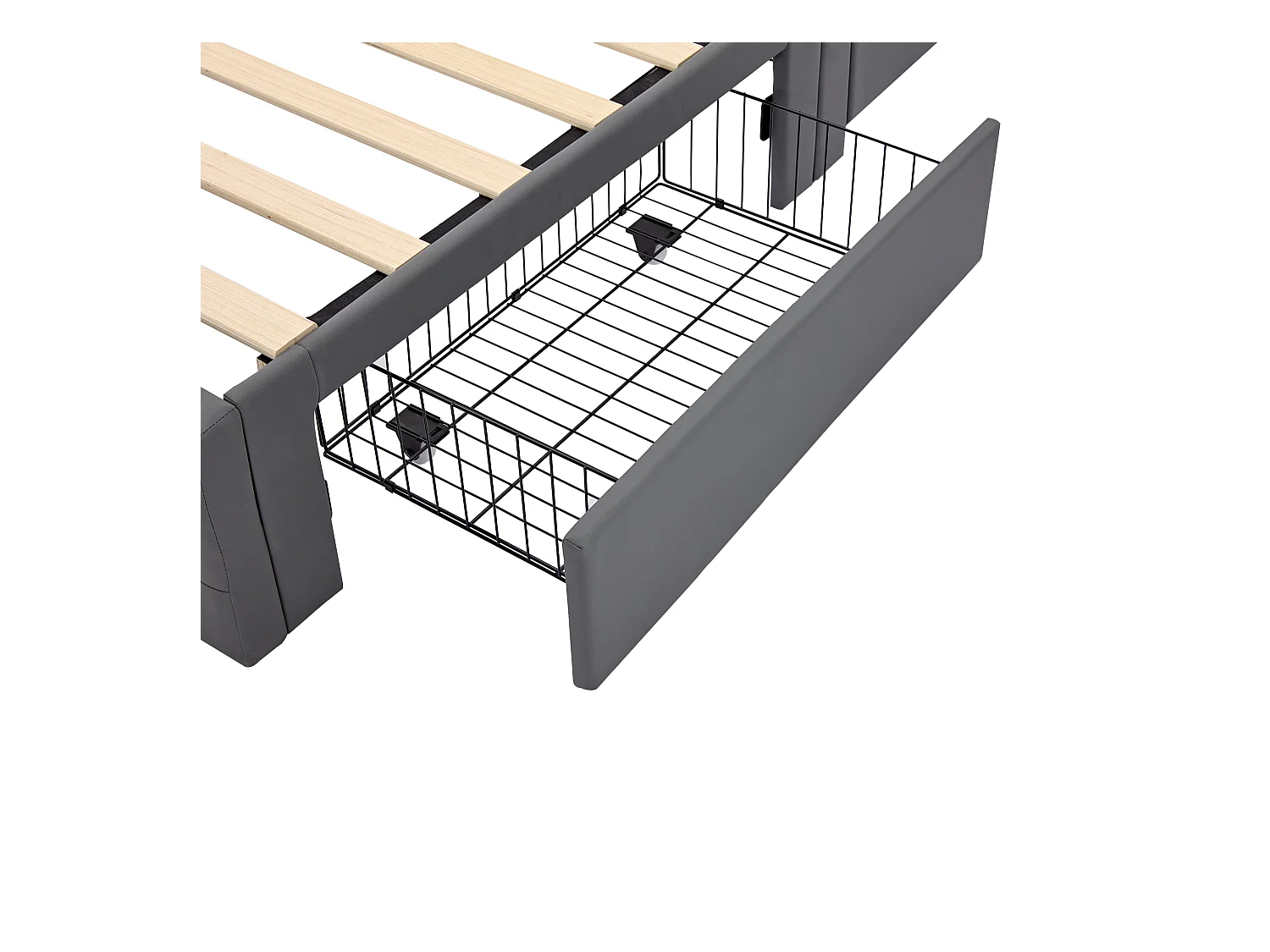 Lit coffre adulte 90x190 cm gris avec LED + 4 tiroirs de rangement, interface USB (sans fil et filaire), sans matelas, PU