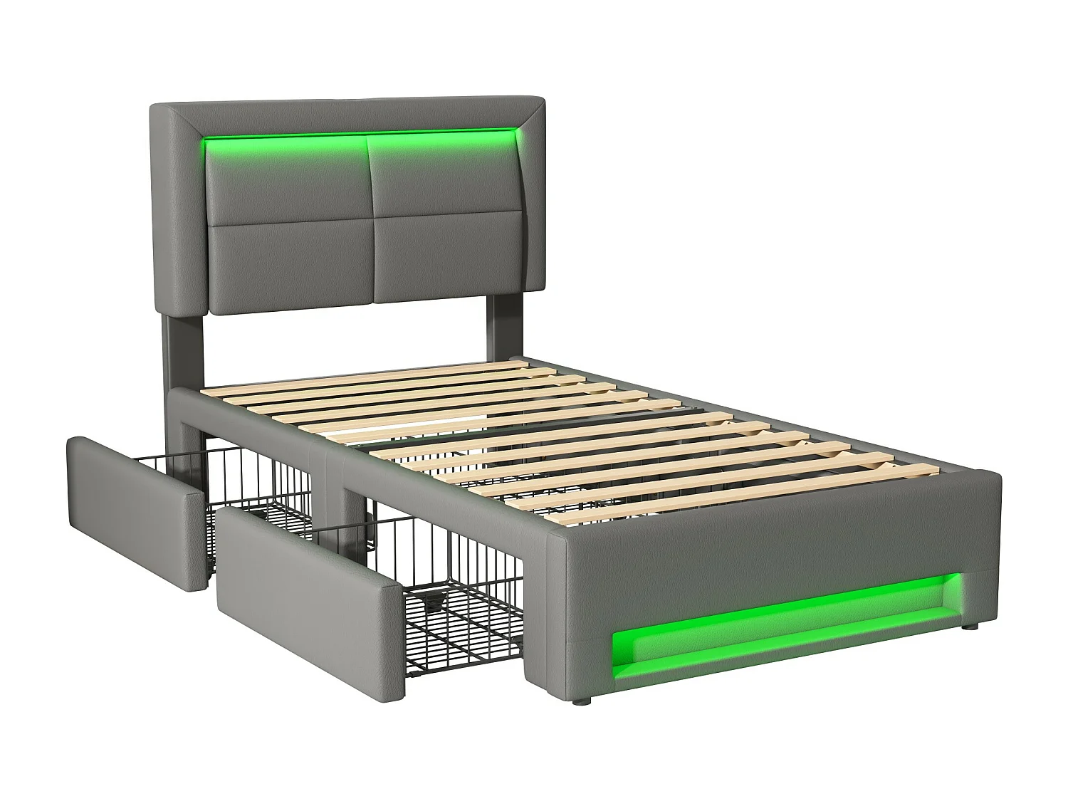 Cama com arrumação 90x190 cm cinzenta em pele sintética com luzes LED, 4 gavetas e interface USB (sem fios e com fios), sem colchão