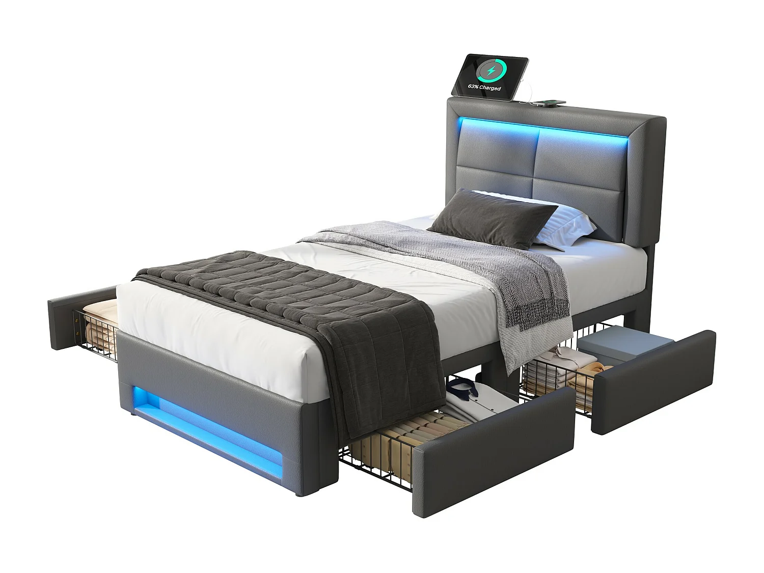 Cama com arrumação 90x190 cm cinzenta em pele sintética com luzes LED, 4 gavetas e interface USB (sem fios e com fios), sem colchão