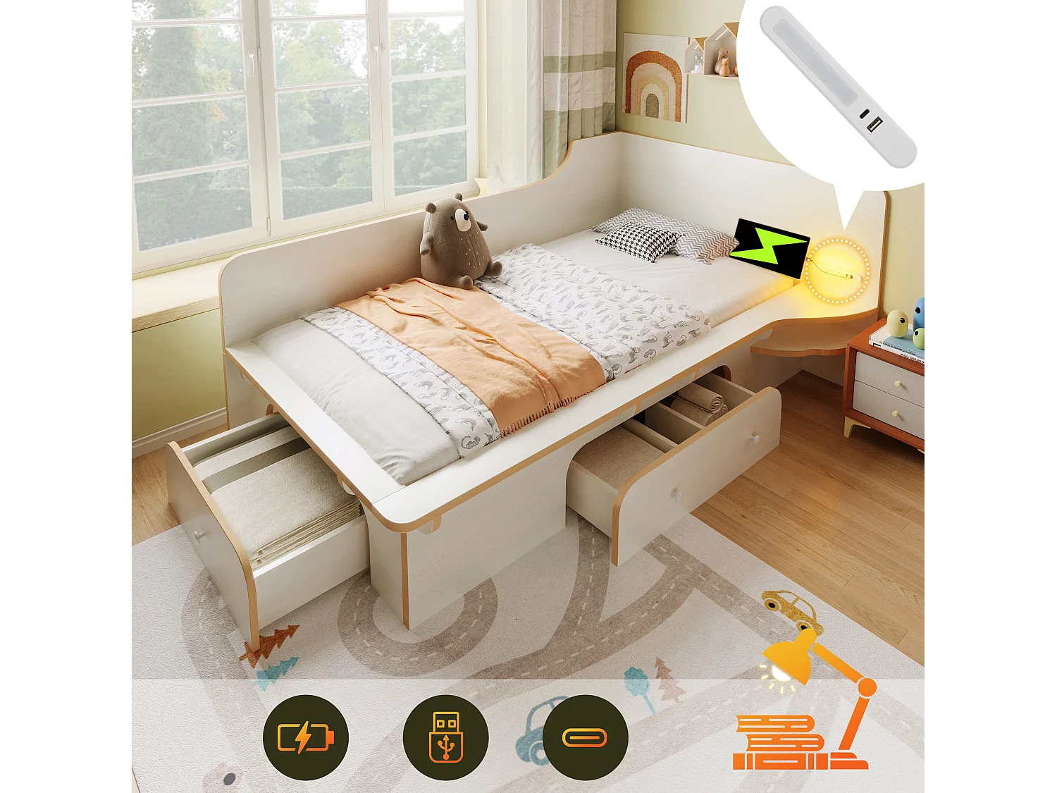 Lit enfant/adulte 90x200 cm avec liseuse + USB Type C, lit simple en bois avec 3 tiroirs de rangement, blanc, sans matelas