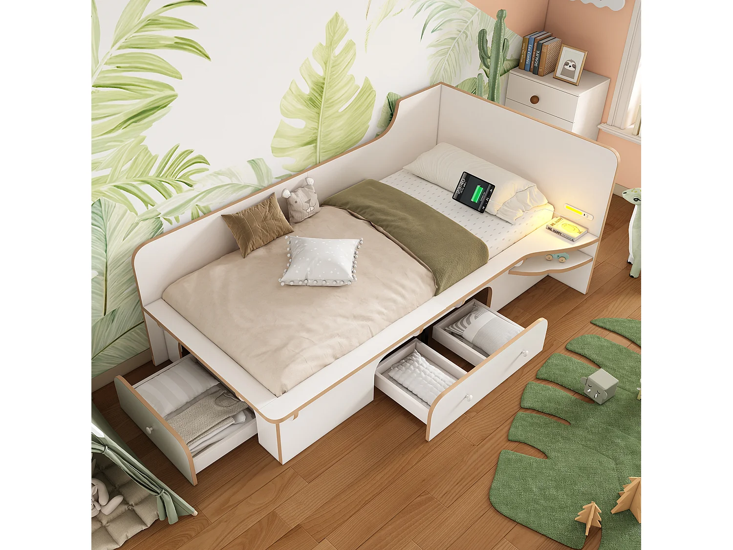 Lit enfant/adulte 90x200 cm avec liseuse + USB Type C, lit simple en bois avec 3 tiroirs de rangement, blanc, sans matelas