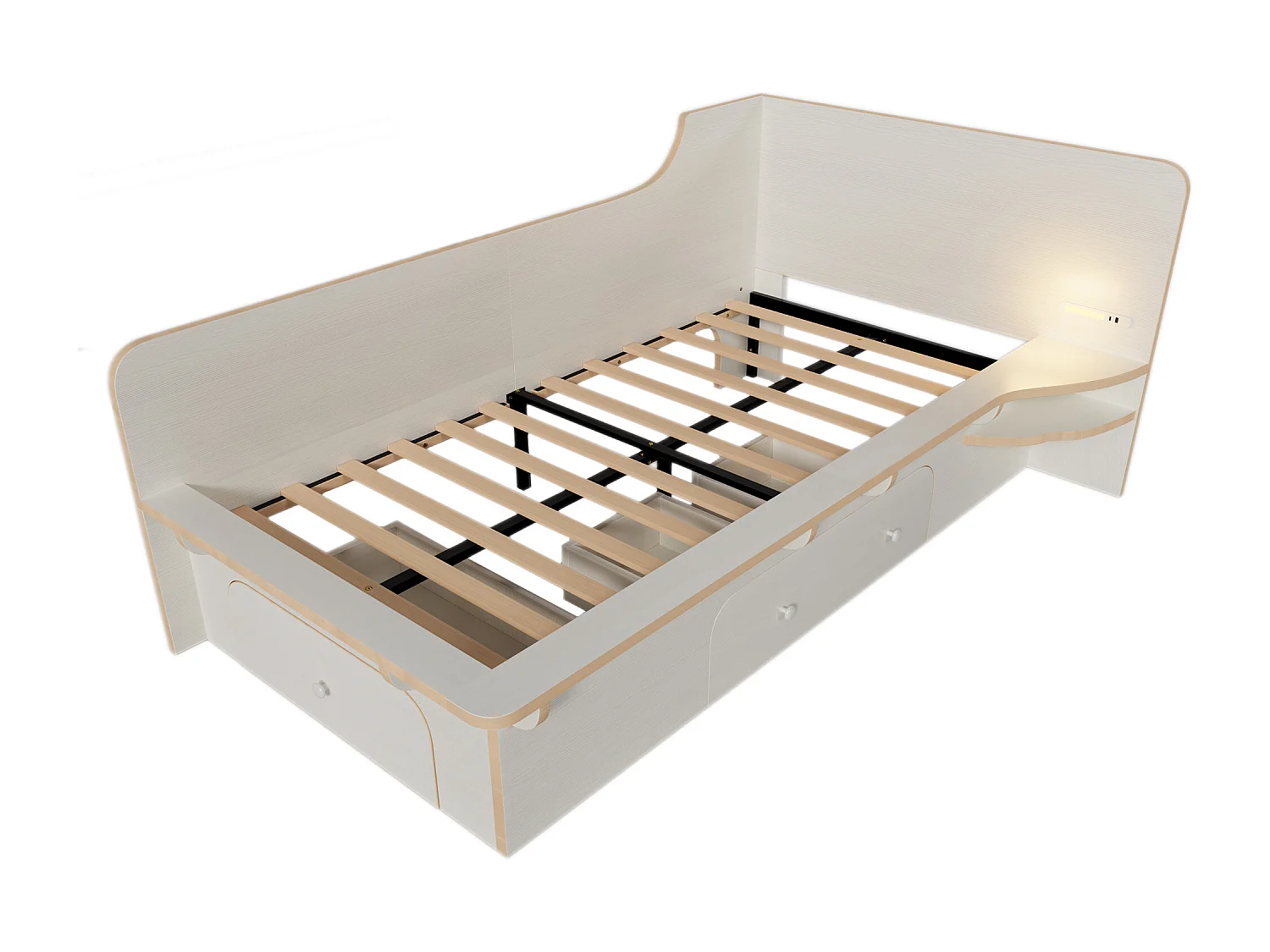 Lit enfant/adulte 90x200 cm avec liseuse + USB Type C, lit simple en bois avec 3 tiroirs de rangement, blanc, sans matelas