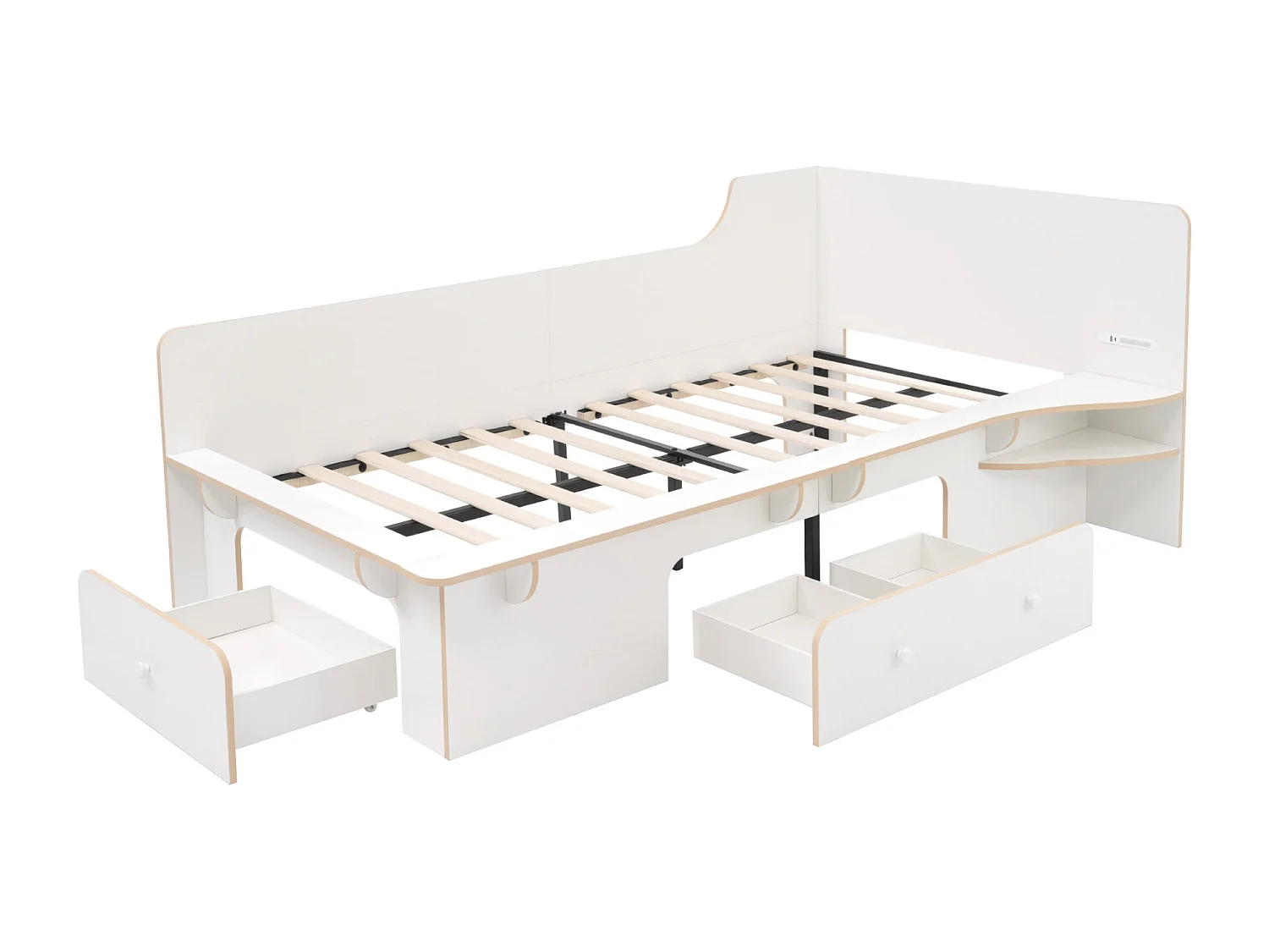 Lit enfant/adulte 90x200 cm avec liseuse + USB Type C, lit simple en bois avec 3 tiroirs de rangement, blanc, sans matelas
