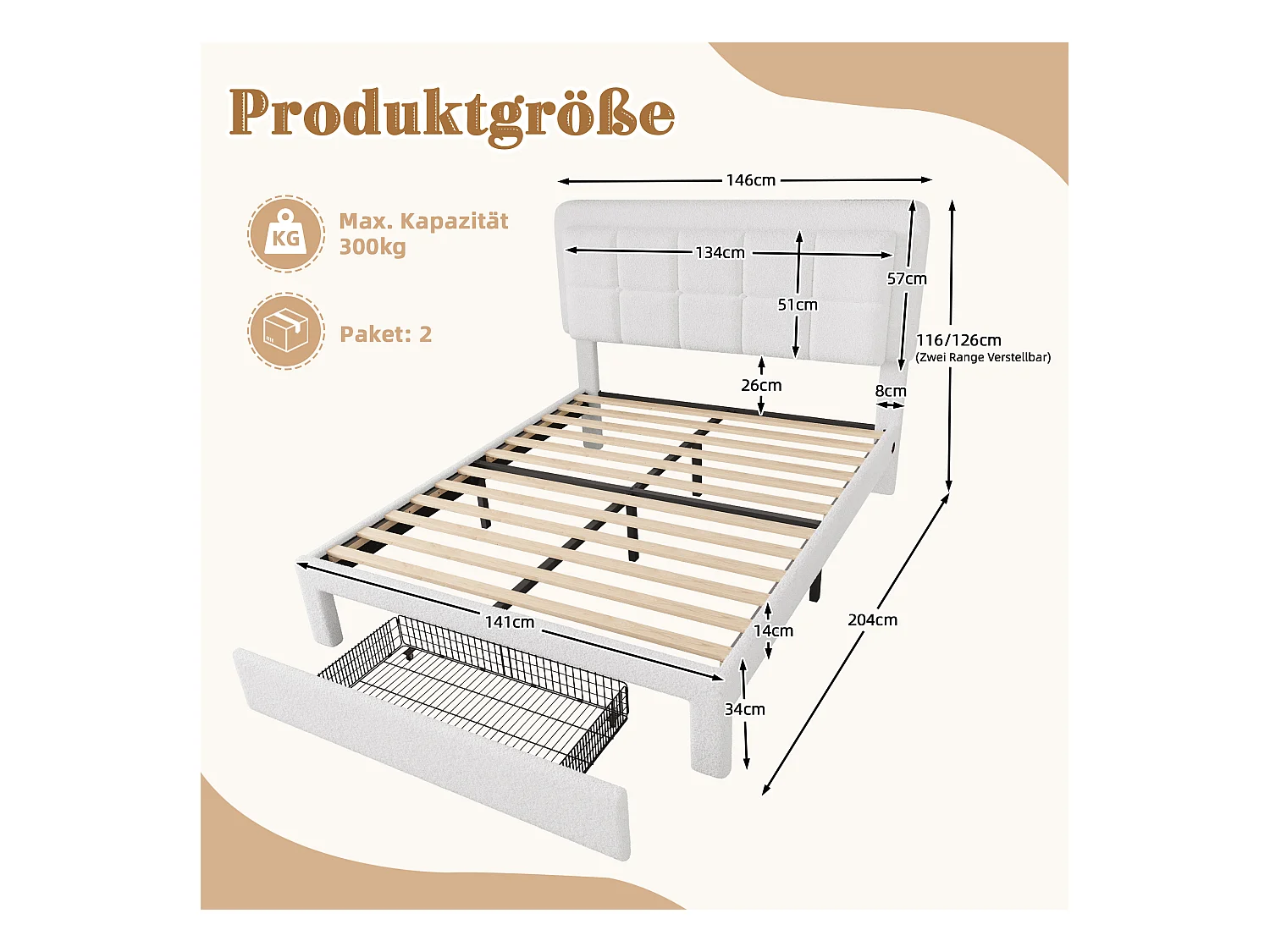 Lit adulte 140x200 cm avec port USB + LED, tissu teddy, cadre en fer et bois, tête de lit réglable, sans matelas