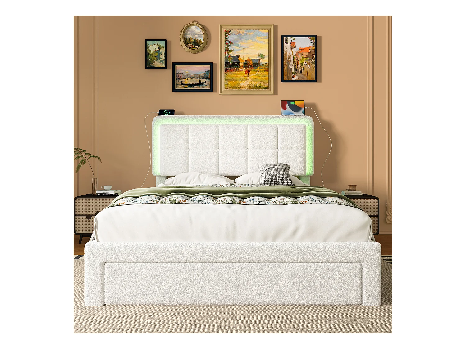 Lit adulte 140x200 cm avec port USB + LED, tissu teddy, cadre en fer et bois, tête de lit réglable, sans matelas