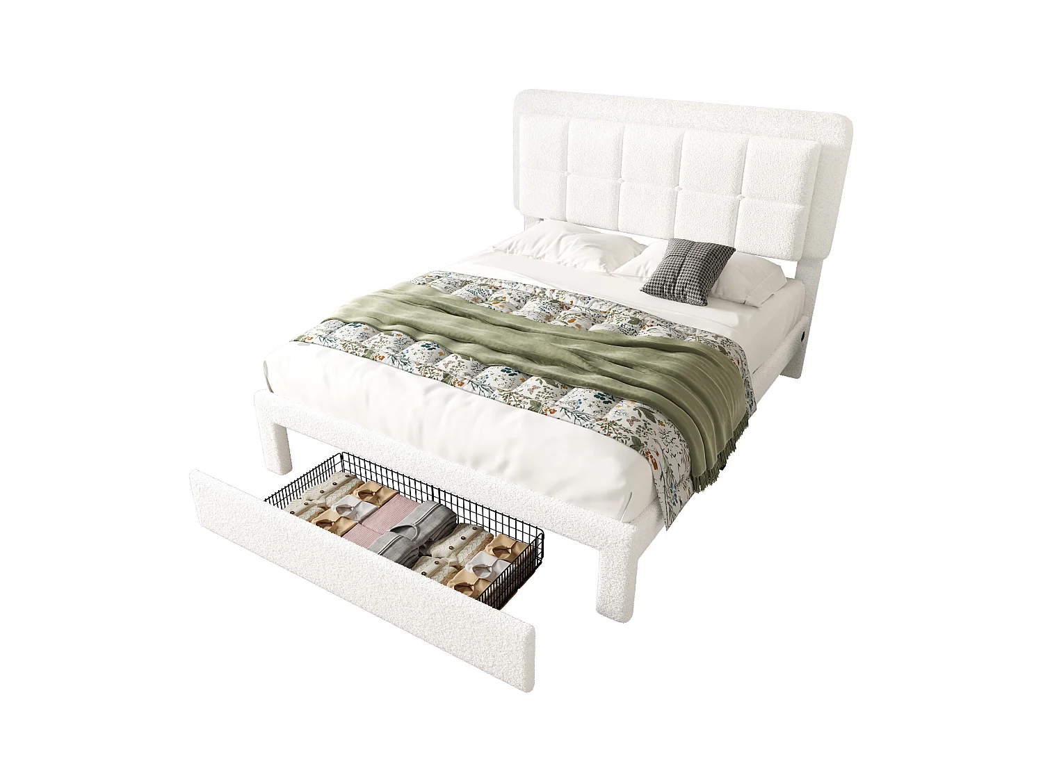 Lit adulte 140x200 cm avec port USB + LED, tissu teddy, cadre en fer et bois, tête de lit réglable, sans matelas