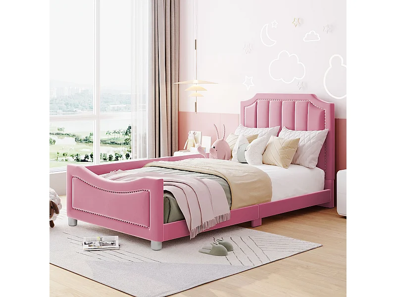 Lit enfant Simple 90x200 cm rose en flanelle, sans matelas