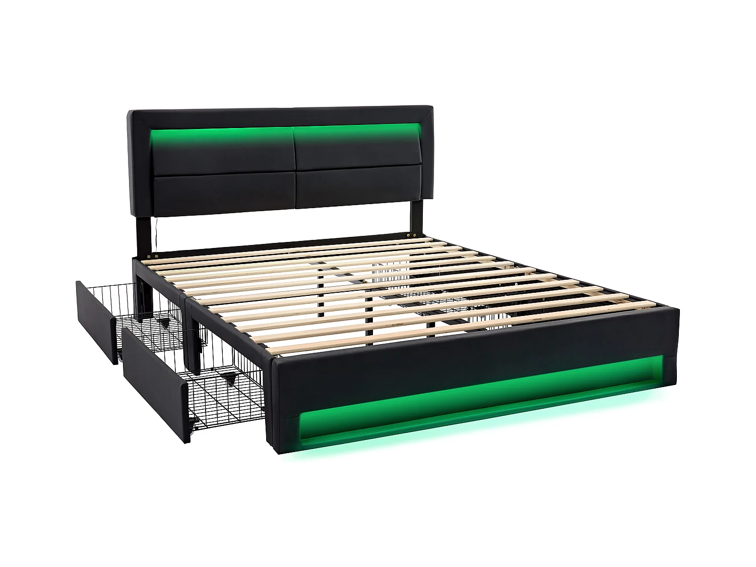 Letto matrimoniale 160x200 cm con 4 cassetti contenitori, porta USB e luci LED, senza materasso, colore nero