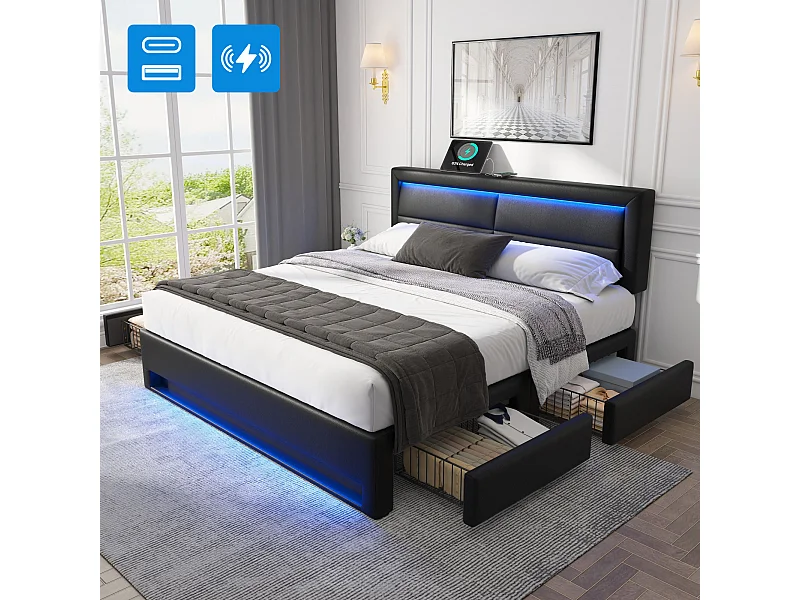 Lit adulte 160x200 cm avec port USB + LED + 4 tiroirs de rangement, sans matelas, noir