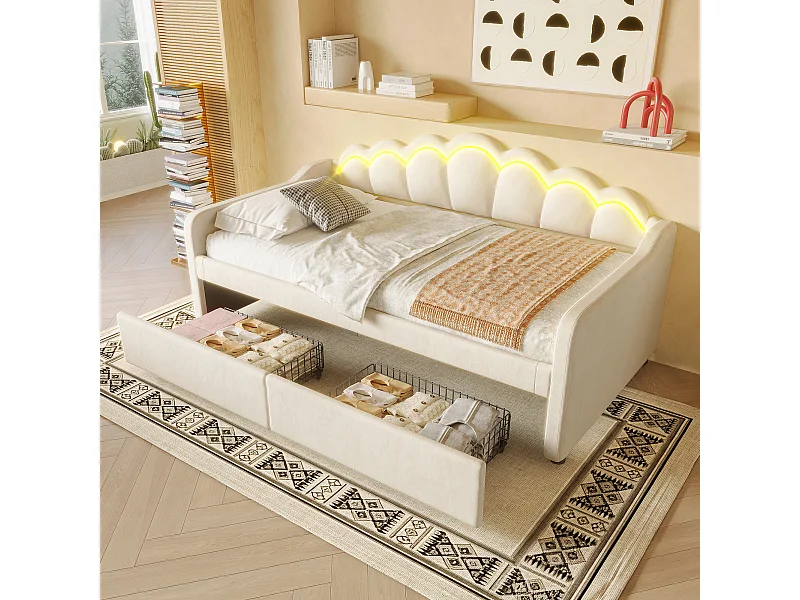 Lit banquette enfant 90x200cm avec 2 Tiroirs de rangement + LED, Velours, sans matelas, Beige