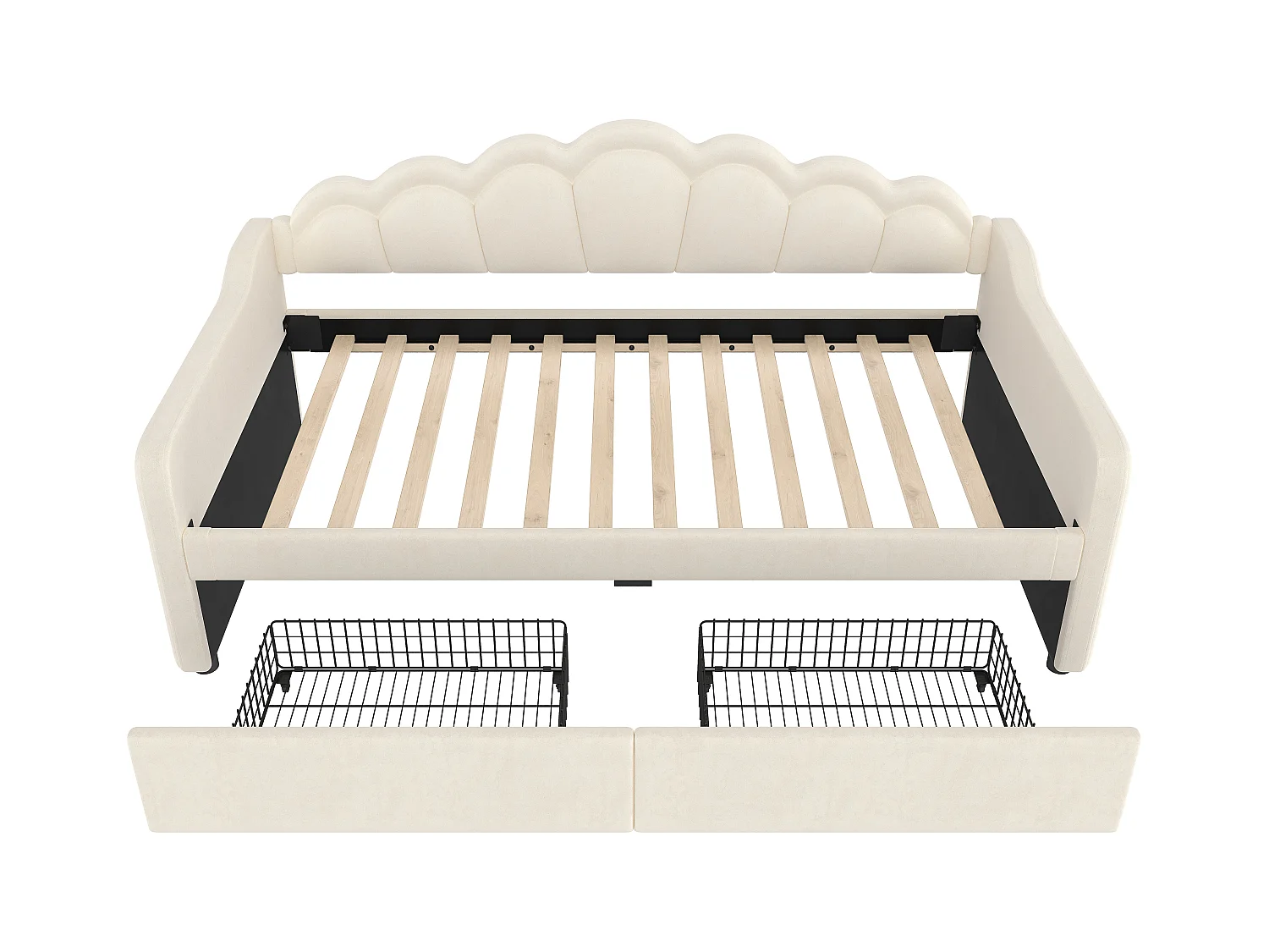 Lit banquette enfant 90x200cm avec 2 Tiroirs de rangement + LED, Velours, sans matelas, Beige