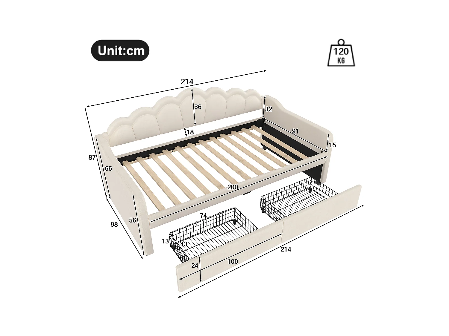 Lit banquette enfant 90x200cm avec 2 Tiroirs de rangement + LED, Velours, sans matelas, Beige