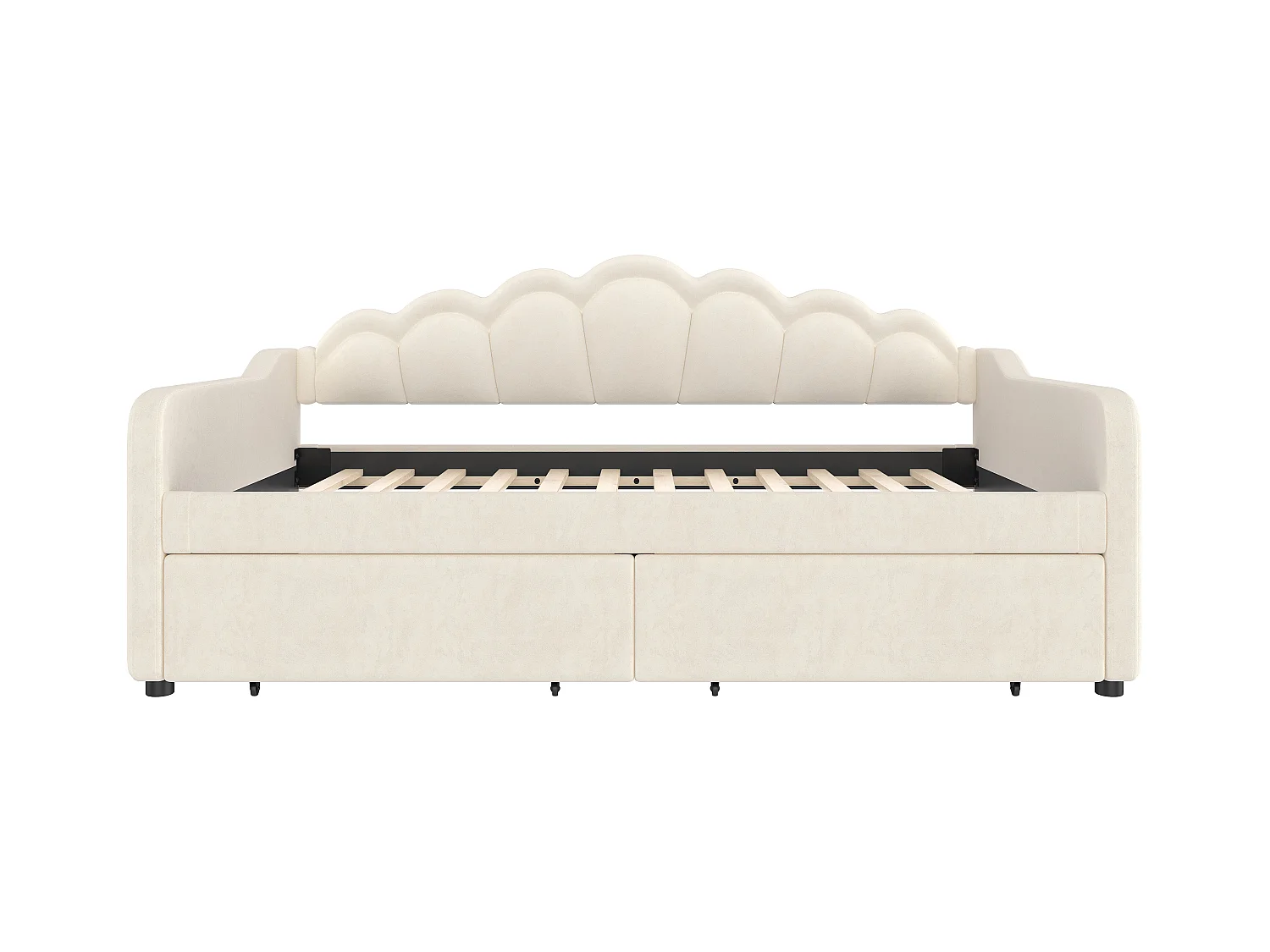 Lit banquette enfant 90x200cm avec 2 Tiroirs de rangement + LED, Velours, sans matelas, Beige