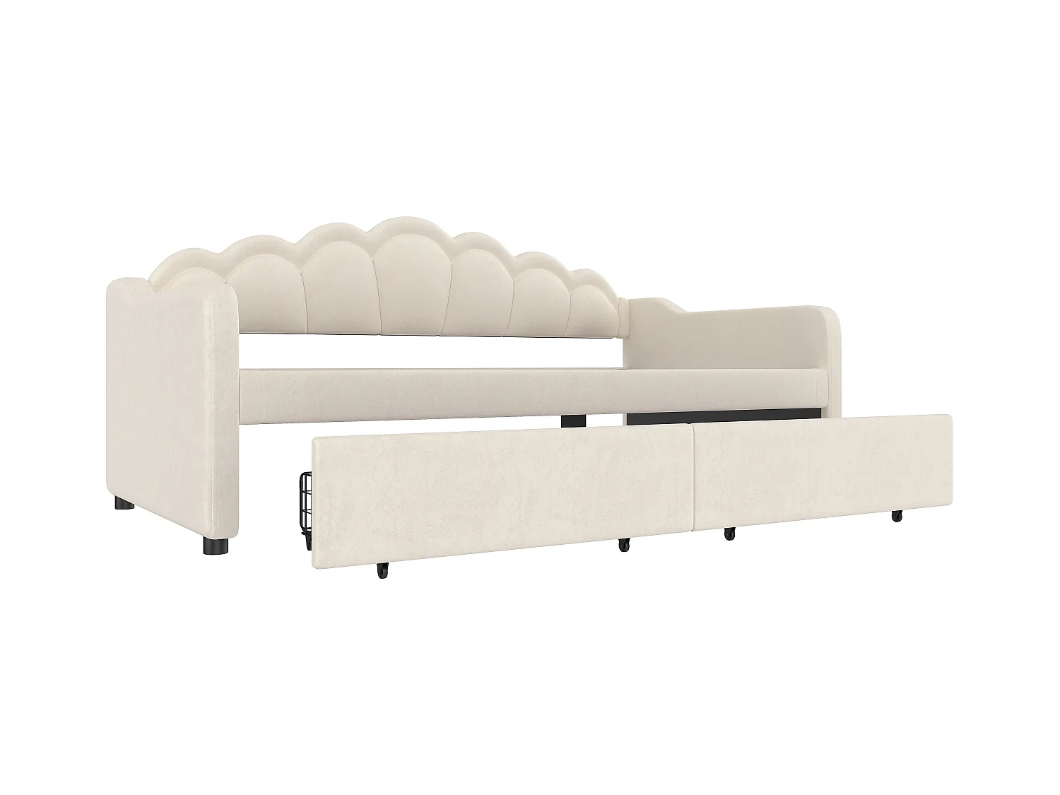 Lit banquette enfant 90x200cm avec 2 Tiroirs de rangement + LED, Velours, sans matelas, Beige
