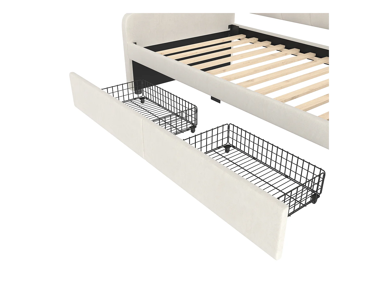 Lit banquette enfant 90x200cm avec 2 Tiroirs de rangement + LED, Velours, sans matelas, Beige