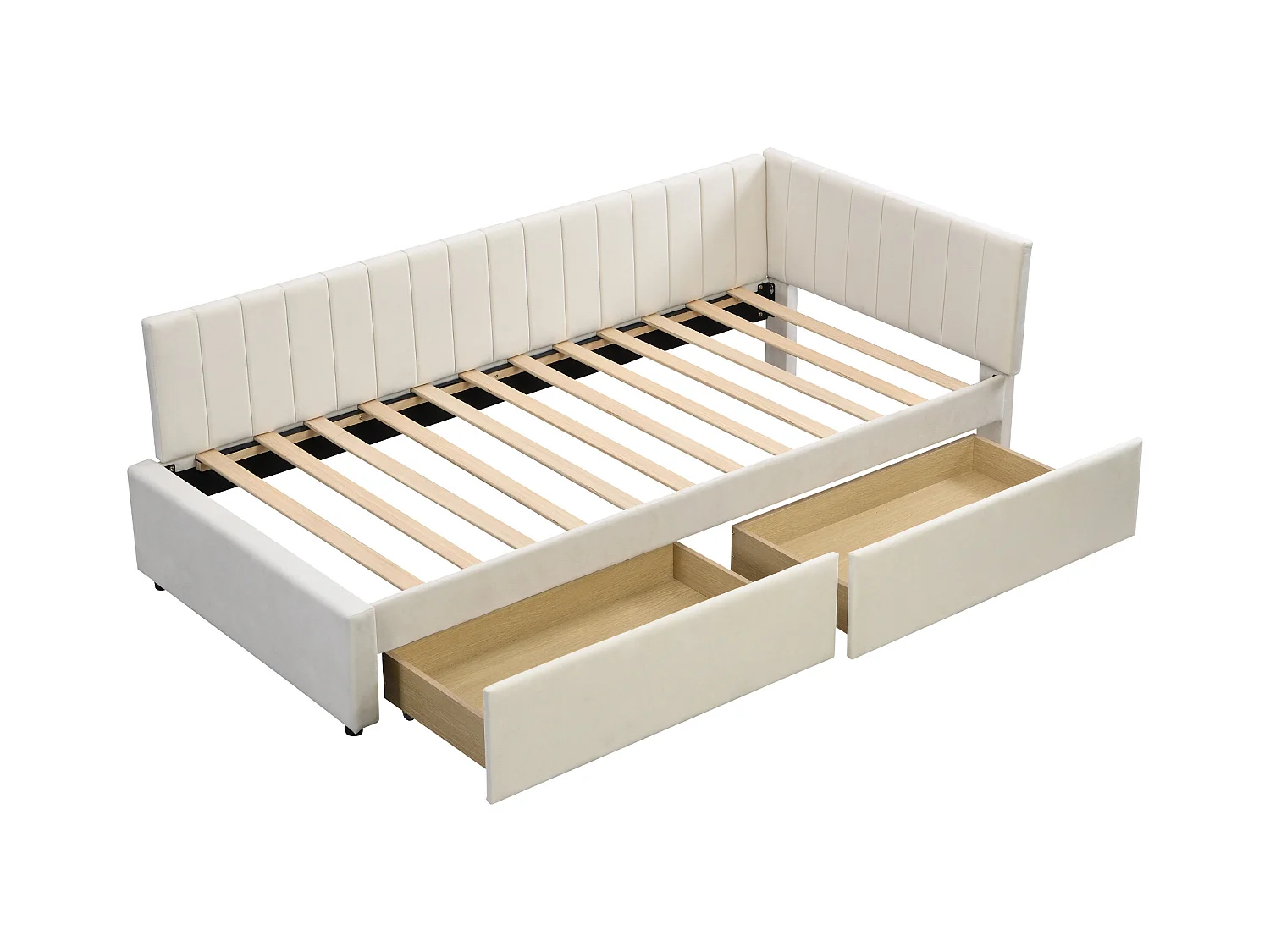 Lit enfant 90x200cm avec 2 tiroirs de rangement, , Lit enfant simple en velours, beige, sans matelas