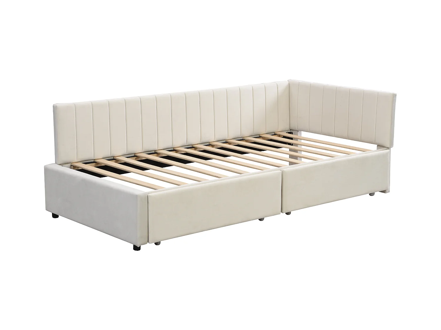 Lit enfant 90x200cm avec 2 tiroirs de rangement, , Lit enfant simple en velours, beige, sans matelas