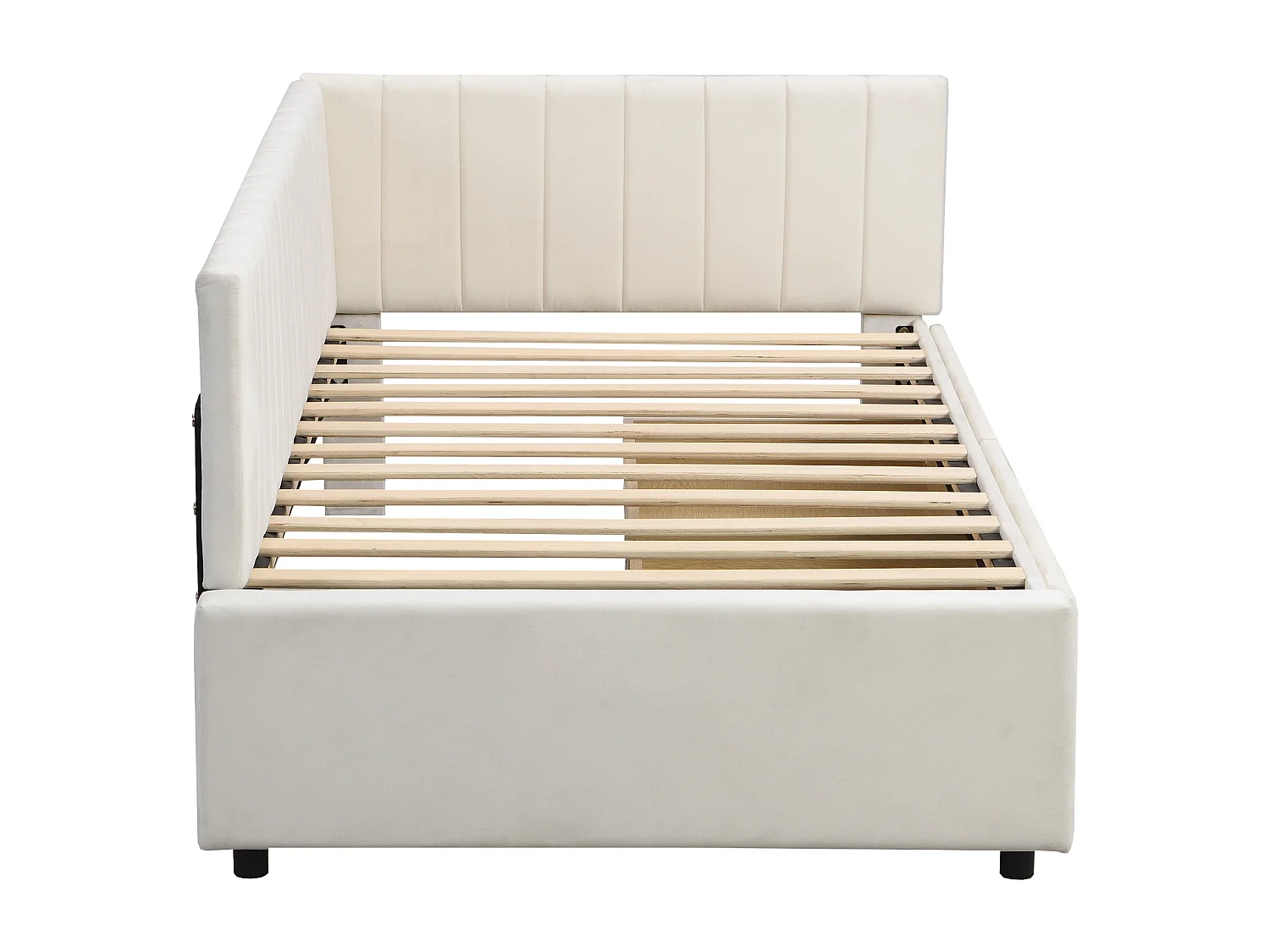 Lit enfant 90x200cm avec 2 tiroirs de rangement, , Lit enfant simple en velours, beige, sans matelas