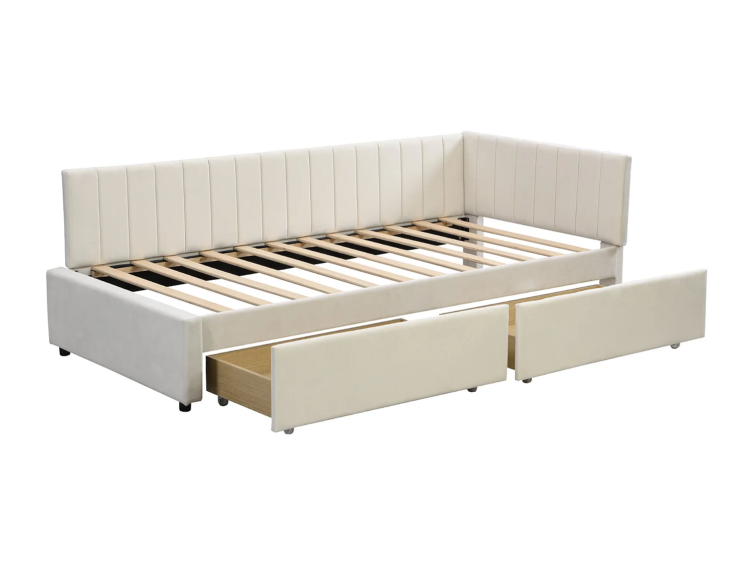 Lit enfant 90x200cm avec 2 tiroirs de rangement, , Lit enfant simple en velours, beige, sans matelas