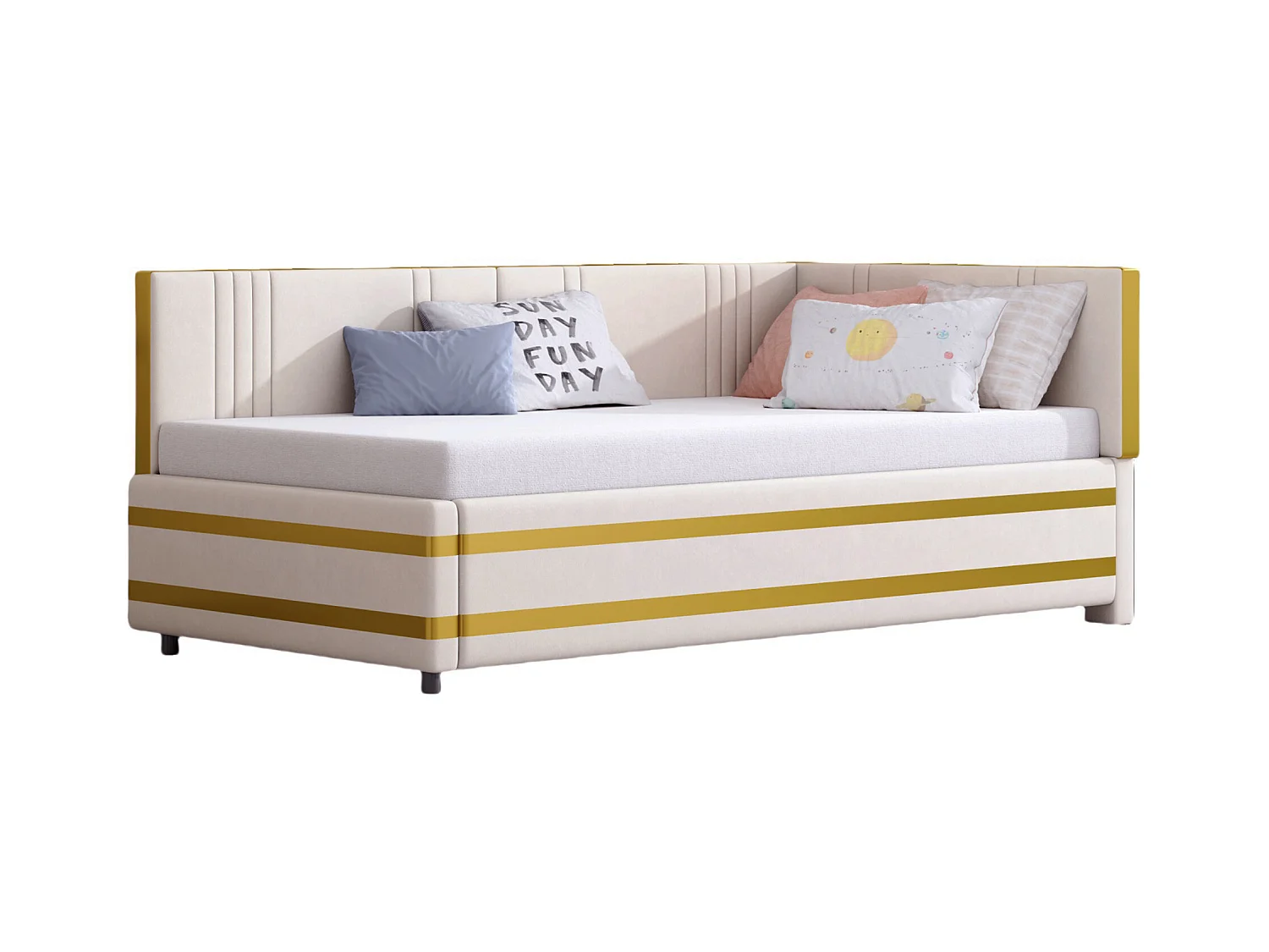 Lit enfant rembourré 90x200cm avec sommier à lattes , velours, sans matelas, beige