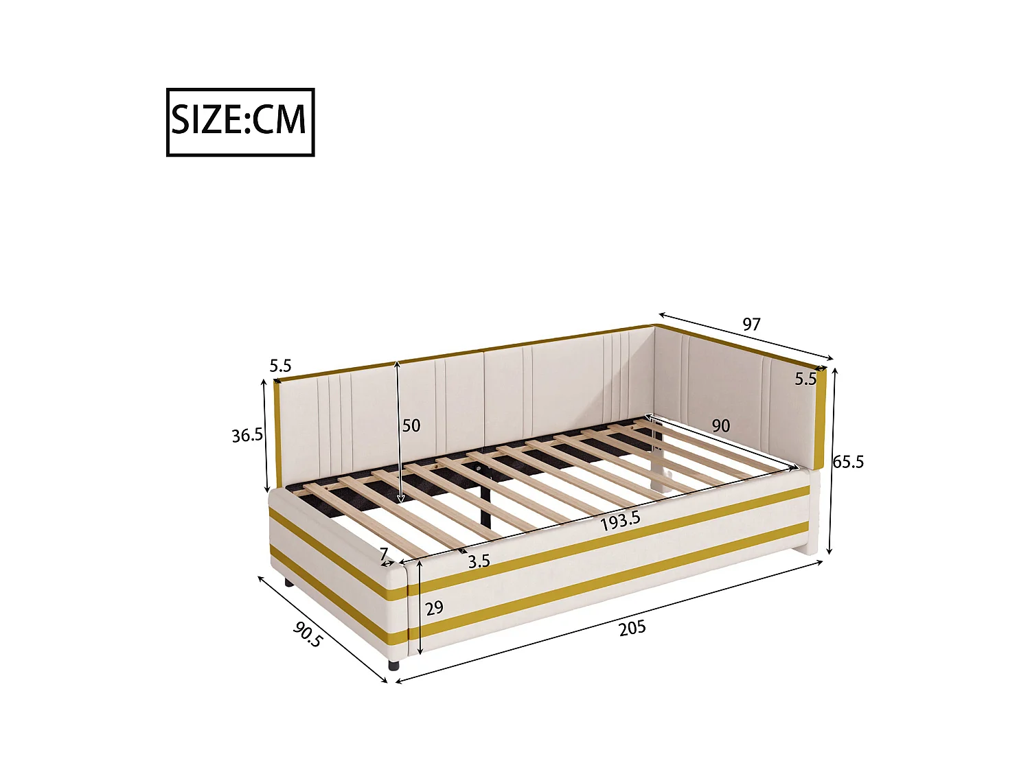 Lit enfant rembourré 90x200cm avec sommier à lattes , velours, sans matelas, beige