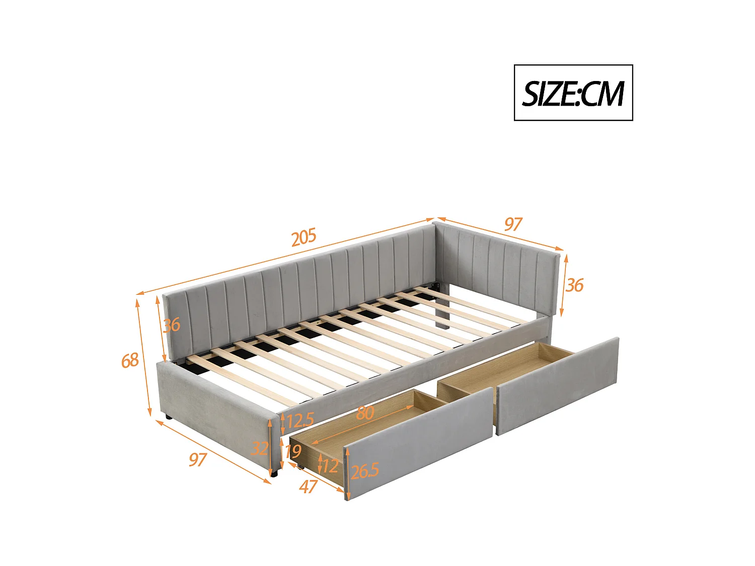 Lit enfant 90x200cm avec 2 tiroirs de rangement, Lit enfant simple en velours, gris, sans matelas