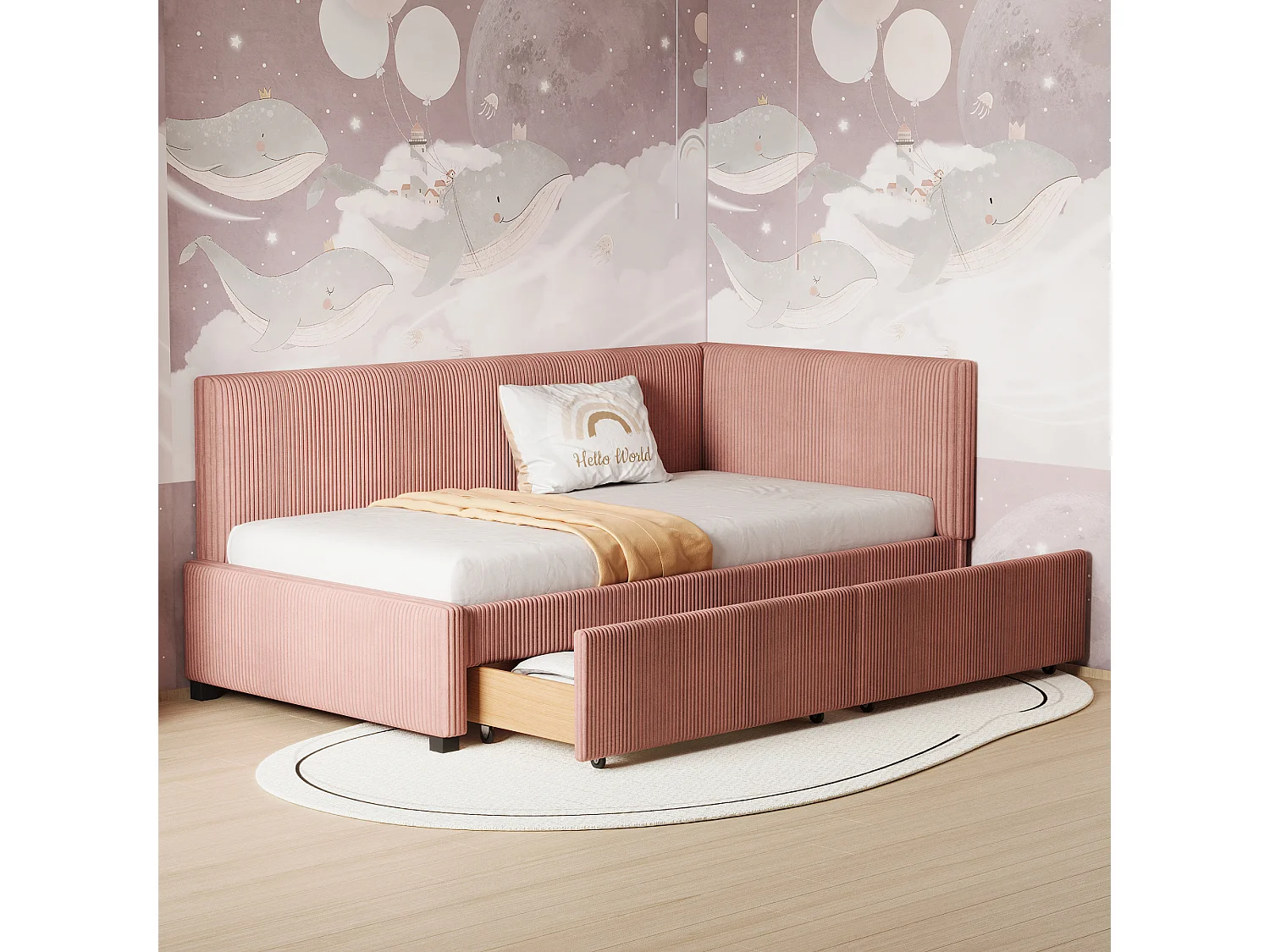 Lit 90x200cm, Lit enfant/adulte/ado rembourré avec tiroirs, lit simple, velours,sans matelas, rose