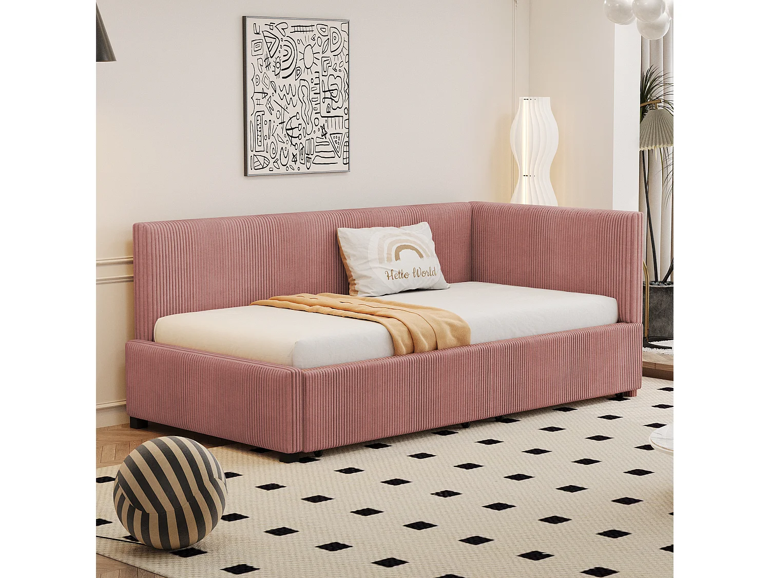Lit 90x200cm, Lit enfant/adulte/ado rembourré avec tiroirs, lit simple, velours,sans matelas, rose