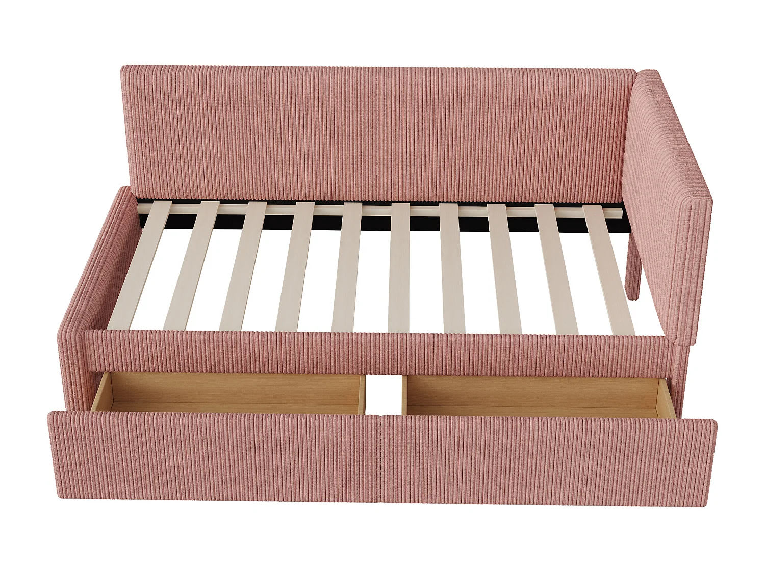 Lit 90x200cm, Lit enfant/adulte/ado rembourré avec tiroirs, lit simple, velours,sans matelas, rose