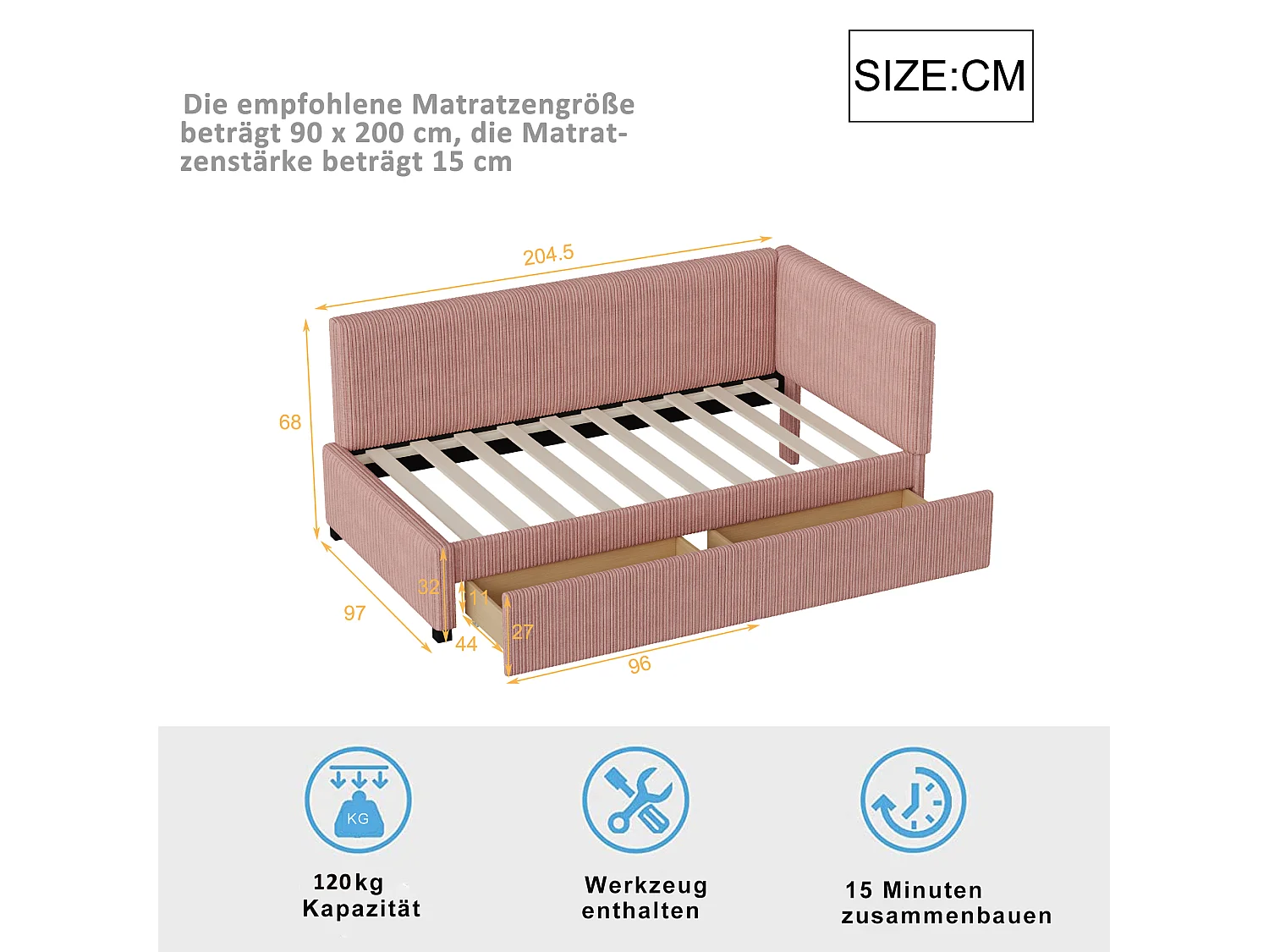 Lit 90x200cm, Lit enfant/adulte/ado rembourré avec tiroirs, lit simple, velours,sans matelas, rose