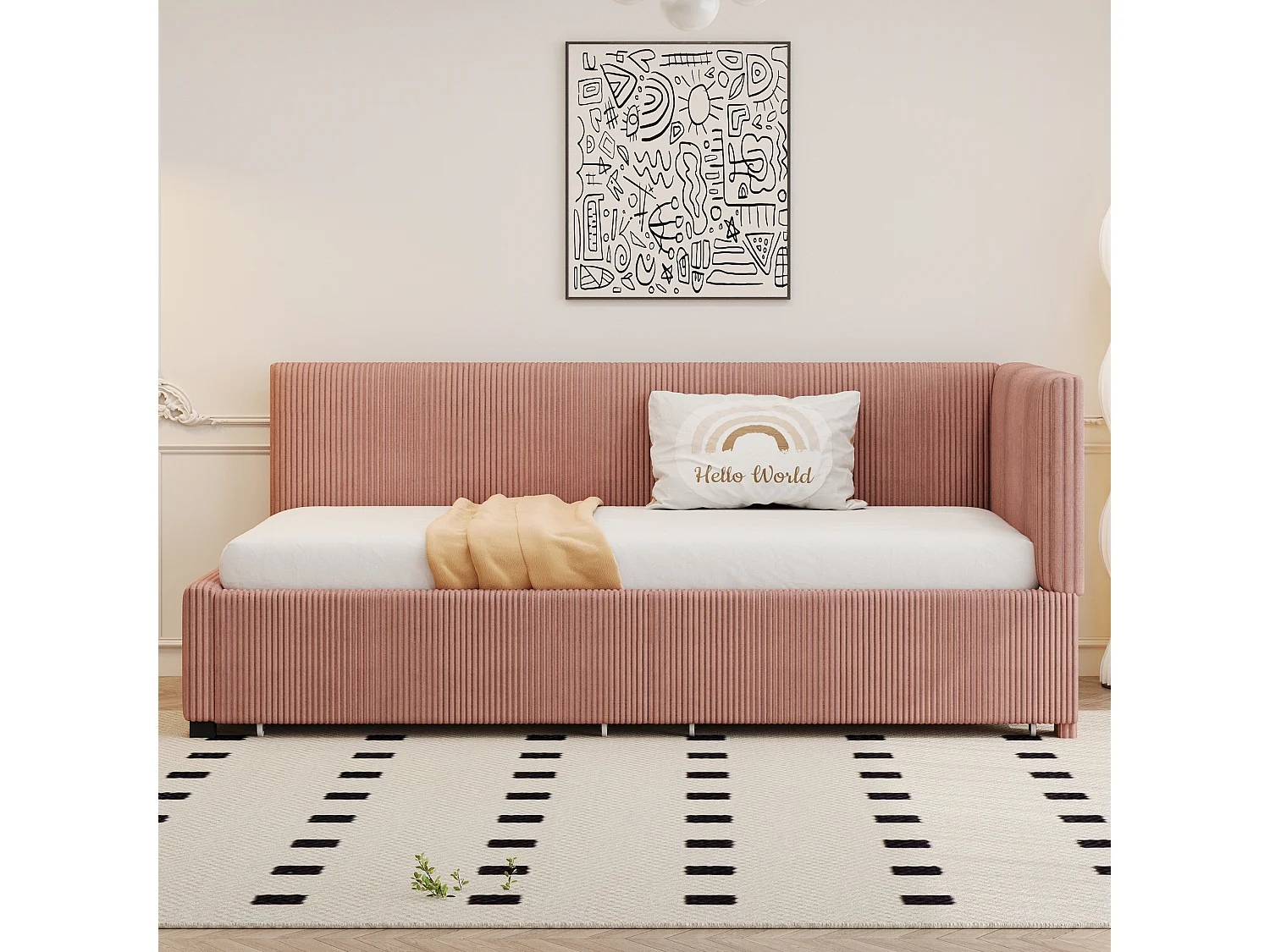 Lit 90x200cm, Lit enfant/adulte/ado rembourré avec tiroirs, lit simple, velours,sans matelas, rose