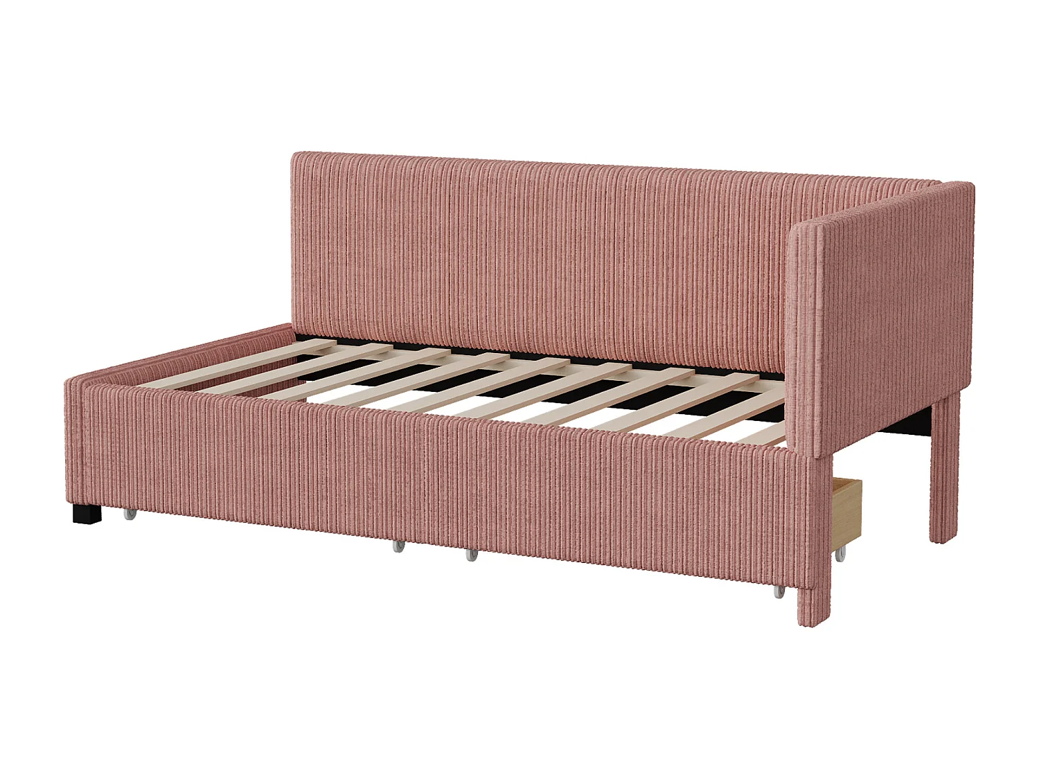 Lit 90x200cm, Lit enfant/adulte/ado rembourré avec tiroirs, lit simple, velours,sans matelas, rose