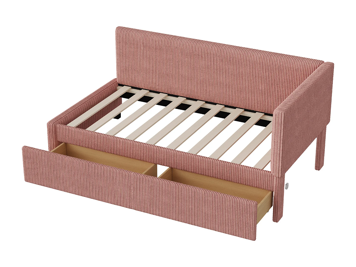Lit 90x200cm, Lit enfant/adulte/ado rembourré avec tiroirs, lit simple, velours,sans matelas, rose