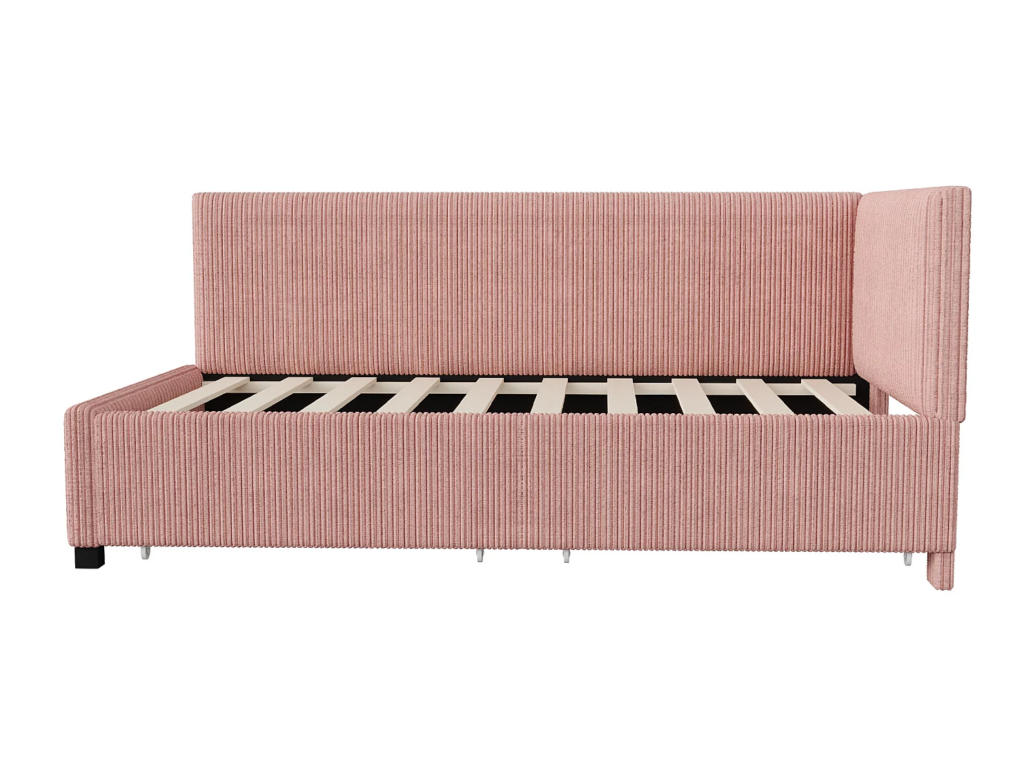 Lit 90x200cm, Lit enfant/adulte/ado rembourré avec tiroirs, lit simple, velours,sans matelas, rose