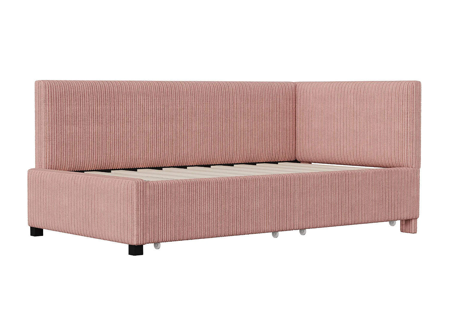 Lit 90x200cm, Lit enfant/adulte/ado rembourré avec tiroirs, lit simple, velours,sans matelas, rose
