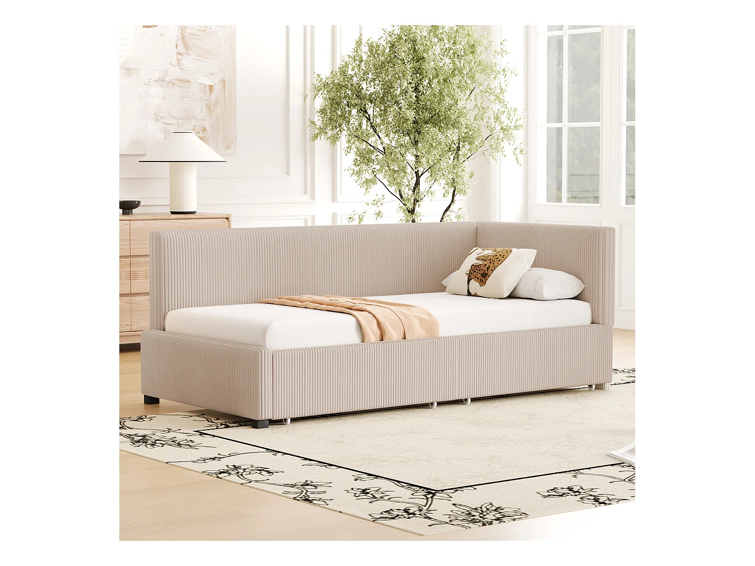 Lit 90x200cm, Lit enfant/adulte/ado rembourré avec tiroirs, lit simple, velours,sans matelas, beige