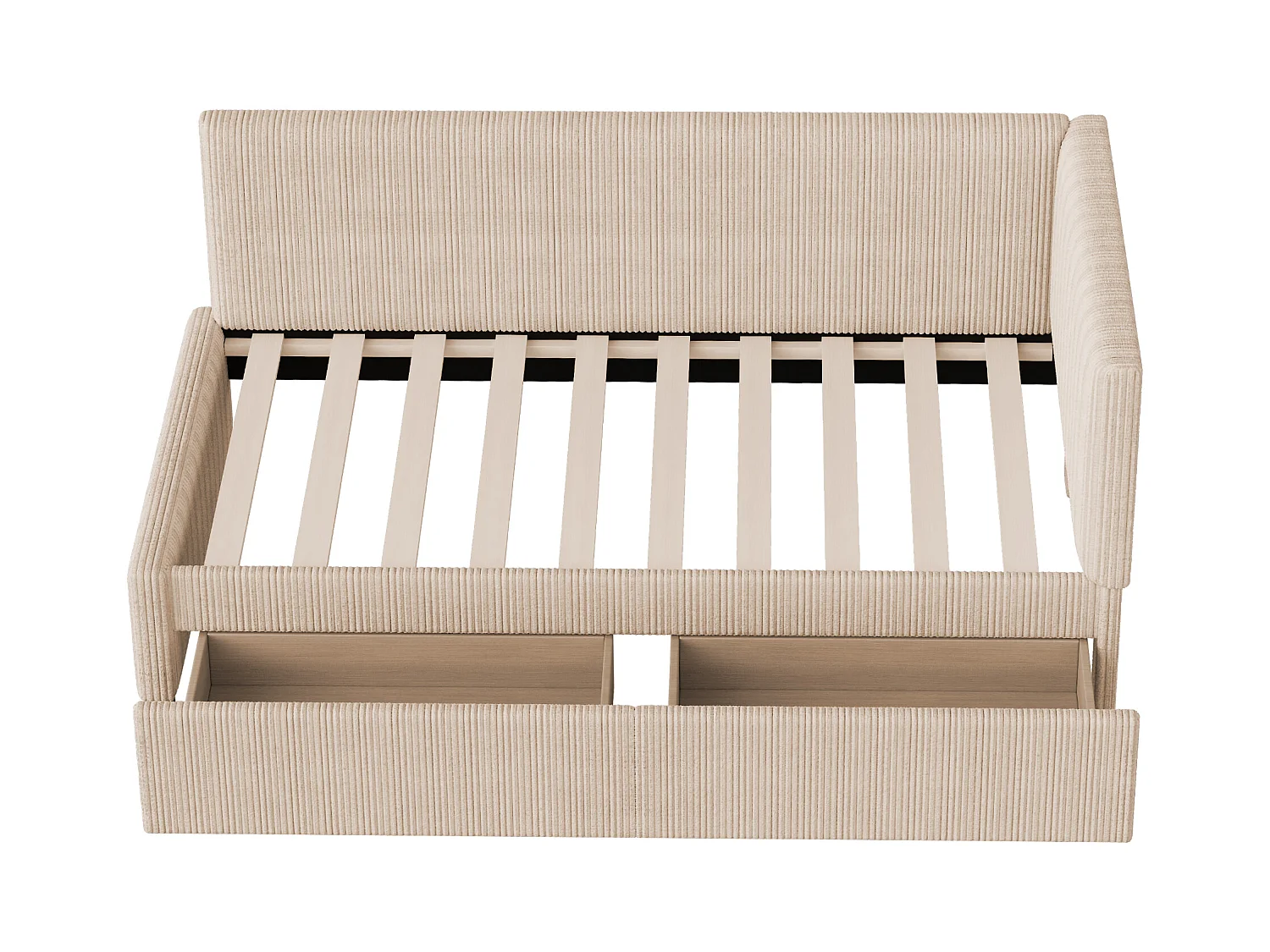 Lit 90x200cm, Lit enfant/adulte/ado rembourré avec tiroirs, lit simple, velours,sans matelas, beige